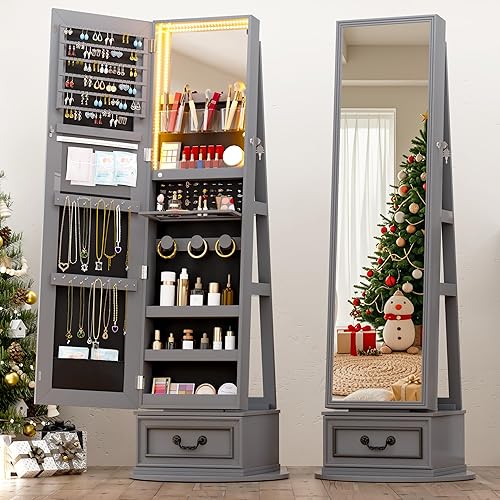 Miniatura 9 de Vlsrka Armario de joyería con espejo, armario giratorio de 360 con espejo de longitud completa, espejo con cerradura con almacenamiento de joyas,