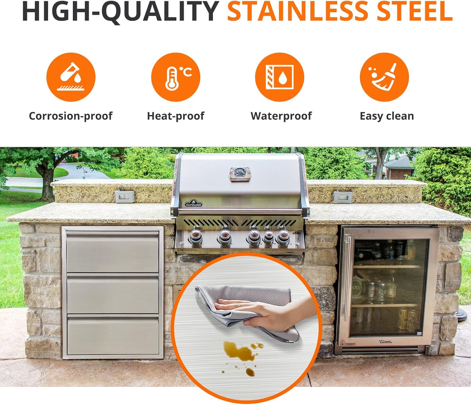 TrailBlaze Outdoor Kitchen Drawers with Paper Towel Holder, 16" W x 21" H x 23" D Triple BBQ Access Drawers, Stainless Steel Flush Mount BBQ Island Drawers for Outdoor Kitchen, Grill Station