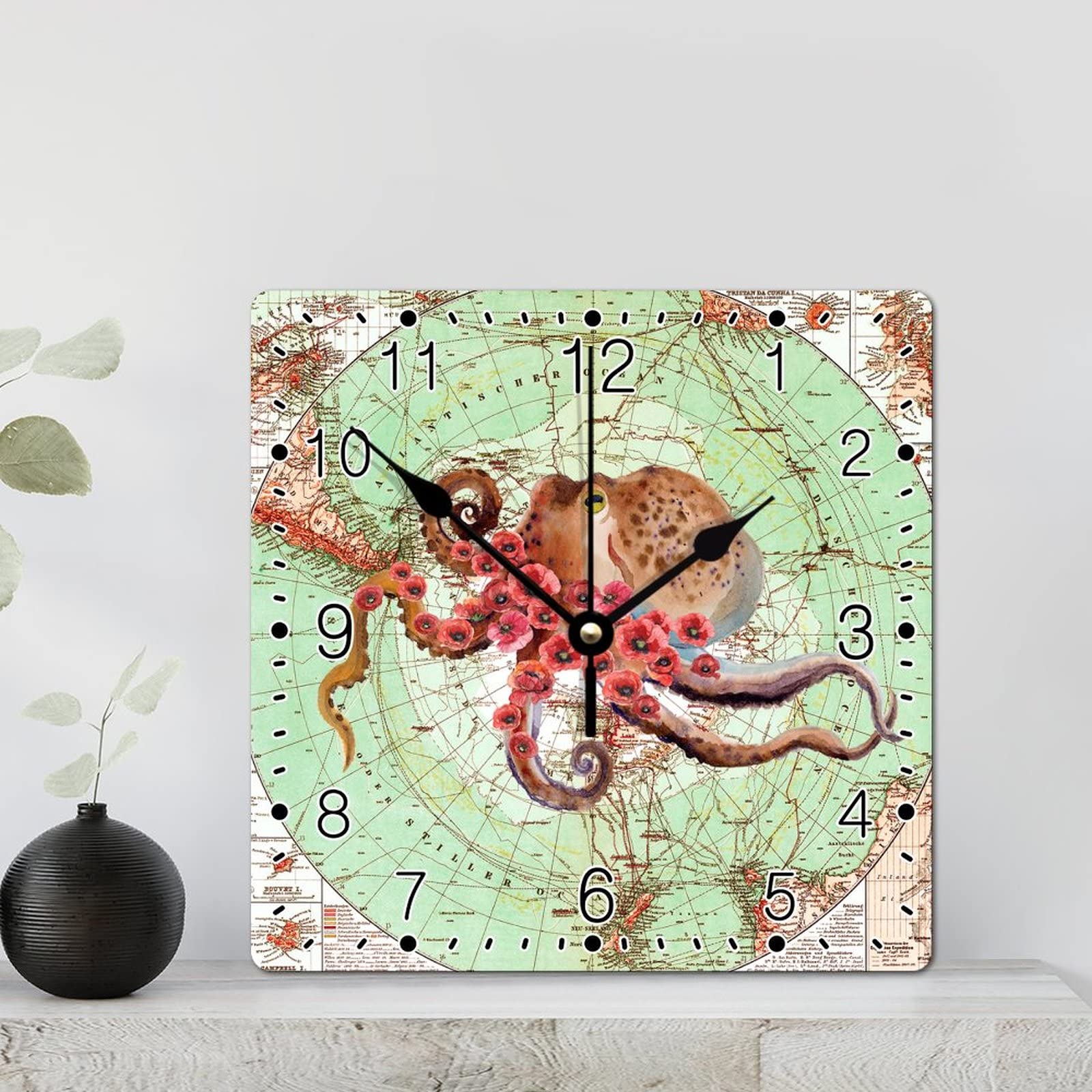 Horloge murale carrée pieuvre et coquillages 30,5 cm, le cadeau idéal pour amoureux de l'océan