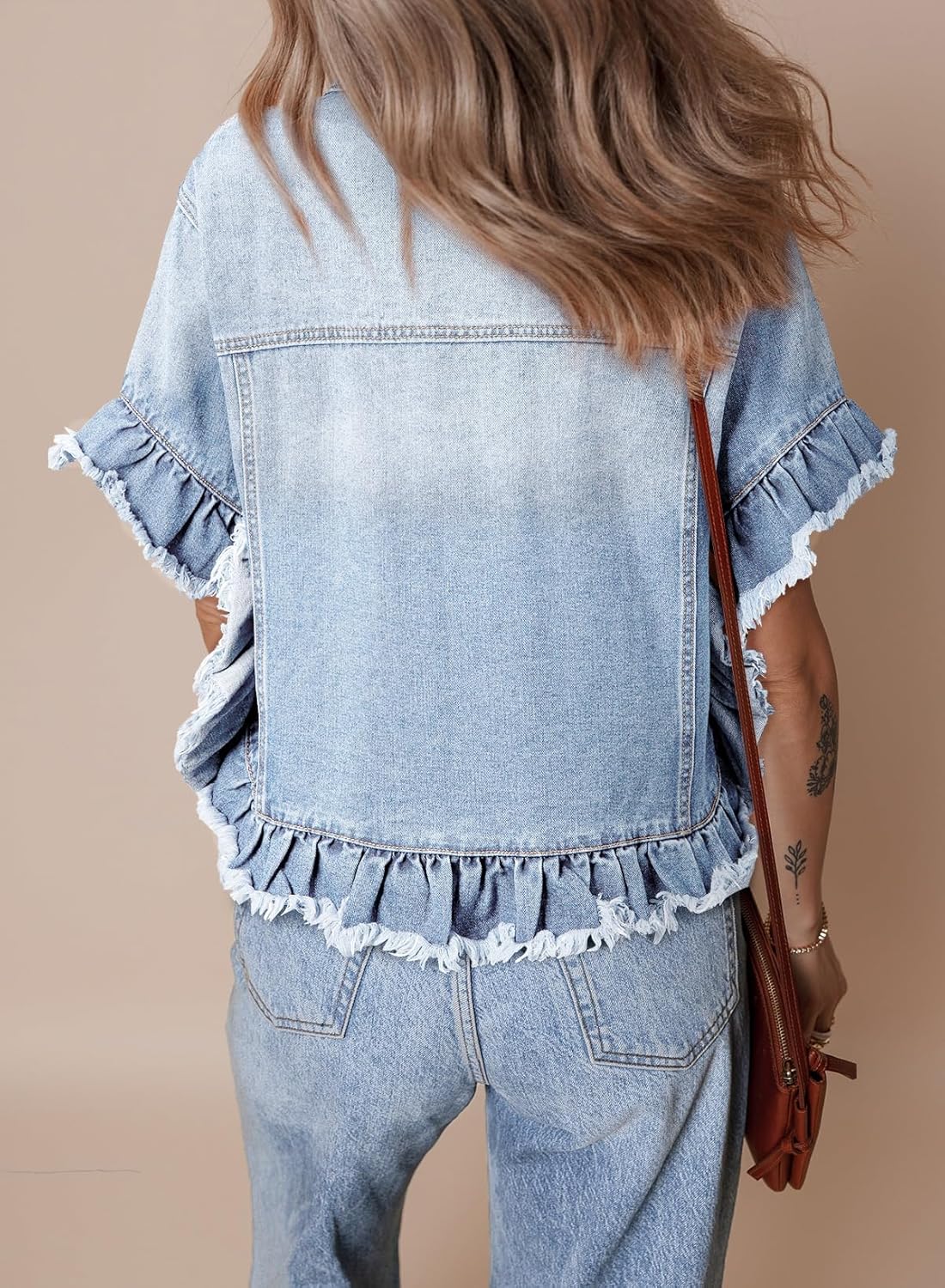 Sidefeel Womens Jean Jacket Casual Short Sleeve Button Down Trendy Ruffle Washed Denim Jacket Fall Outfits 2025 - Image 2