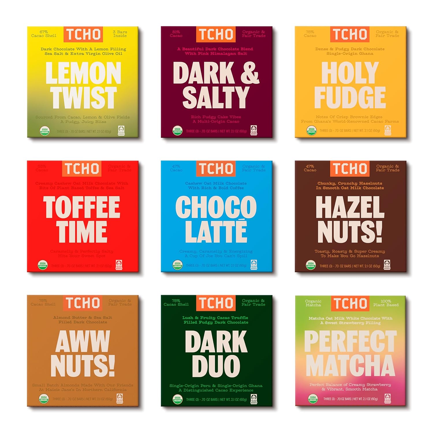 TCHO 9-Bar Chocolate Variety Pack | Plant-Based, Organic Fair Trade Dark & Milk Chocolate Bars | Vegan, Non-Dairy, Soy Free, Non GMO | Gourmet Assortment with Toffee Time, Choco Latte, Dark & Salty & More (2.1 oz each)