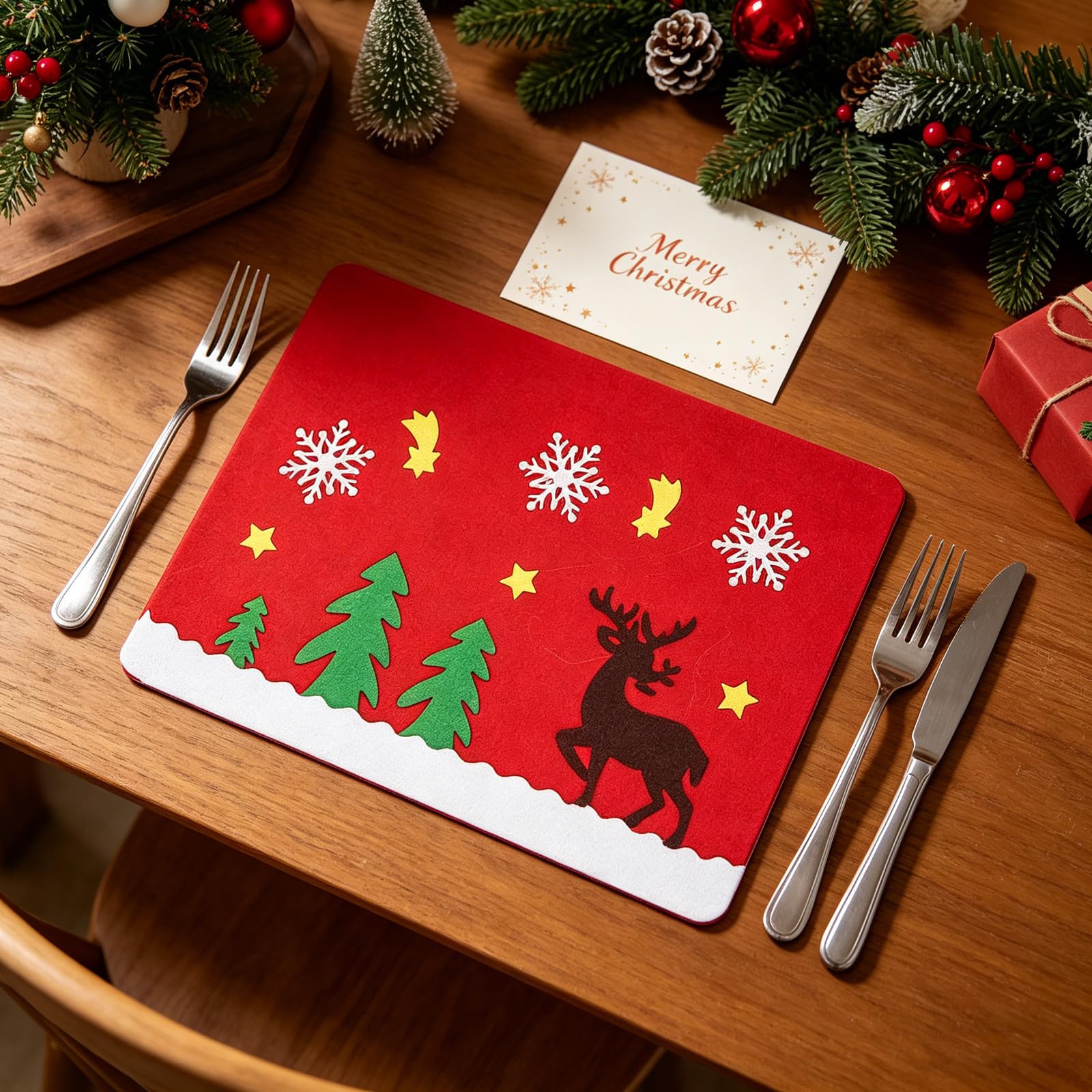 ARTIBETTER Set 4 Pezzi Tovagliette Natalizie Rettangolari Rosse Non Tessuto Bordi Rinforzati per Supporto Posate Decorazione Tavola Invernale Festiva
