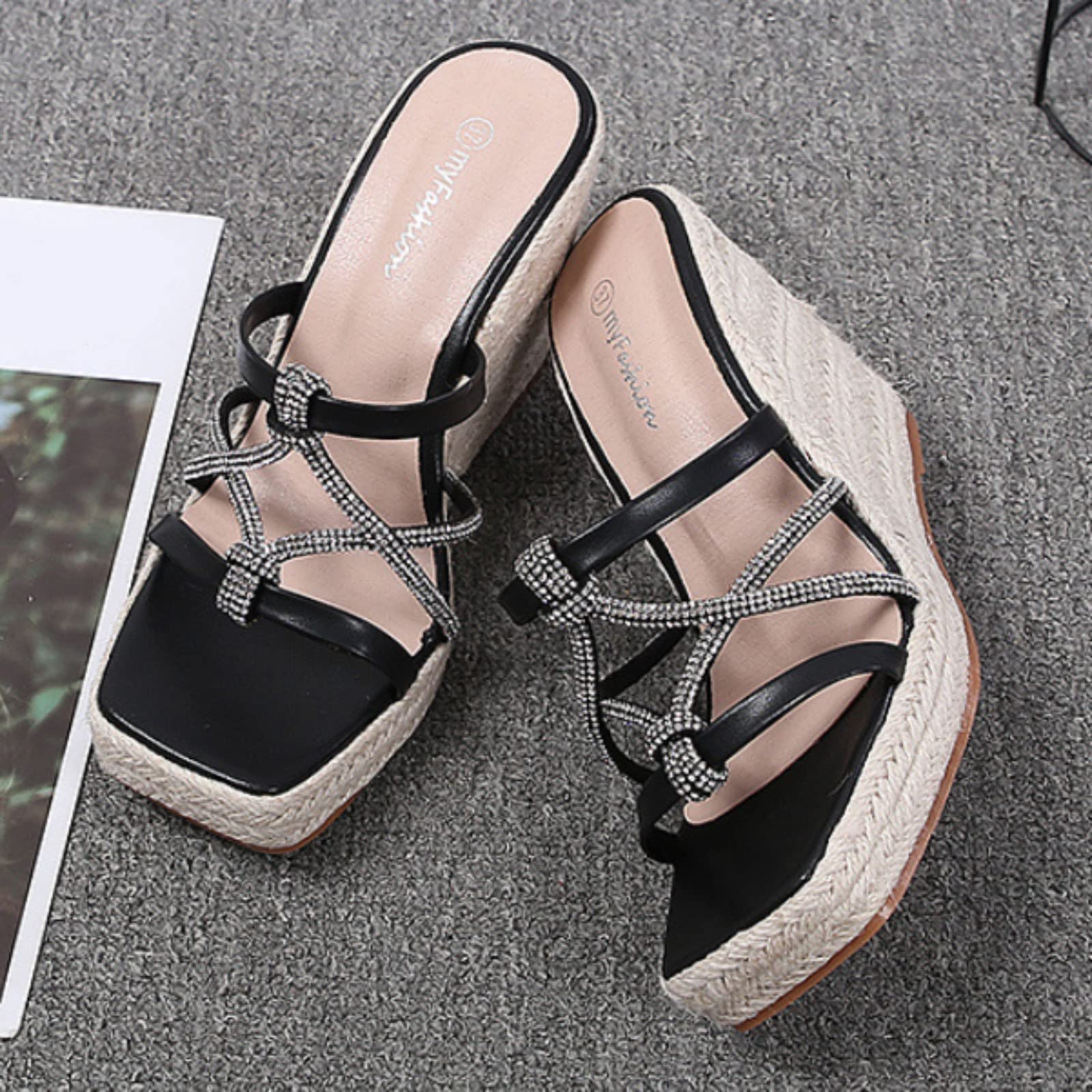 Ciabatte Mare Donna Sandali Espadrillas Con Strass Infradito Zeppa In Per E Zeppe Estive Casa Ciabatte-Donna- Gomma Pelle Antiscivolo Di Fibbia Scarpe Estivi Aperte Eleganti Comode