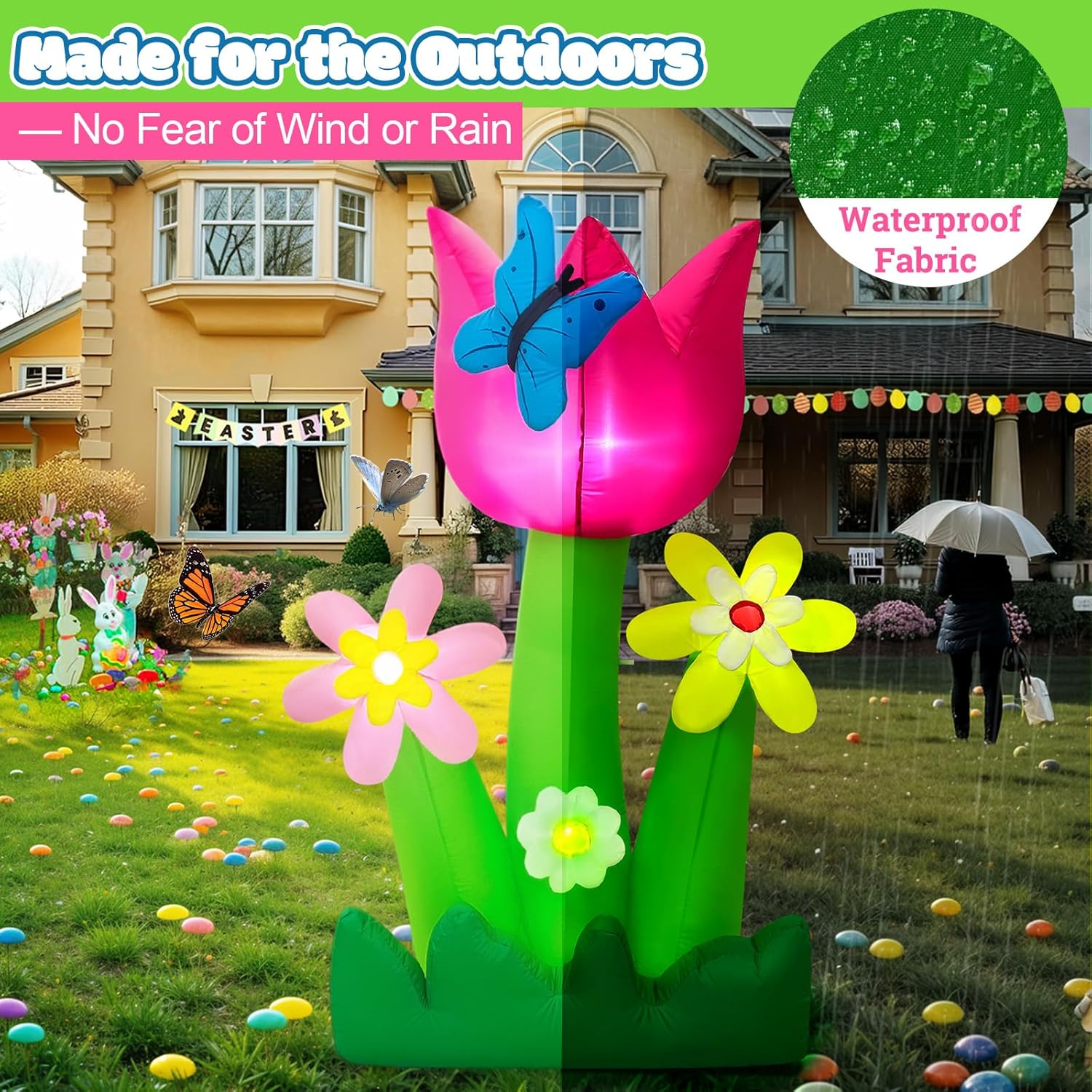 OurWarm 6FT Easter Inflatables Outdoor Decorations, Spring Inflatable Tulip Flowers with Built-in LED Lights, Easter Blow Up Yard Decorations for Lawn, Garden, Yard, Party and Seasonal Outdoor Decor