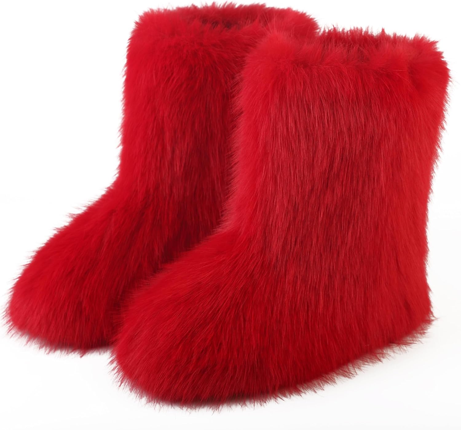 Women's Faux Fur Boot, Round Toe Suede, Warm Snow Comfy Plush Short Flat Mid-Calf Furry Fluffy Boots