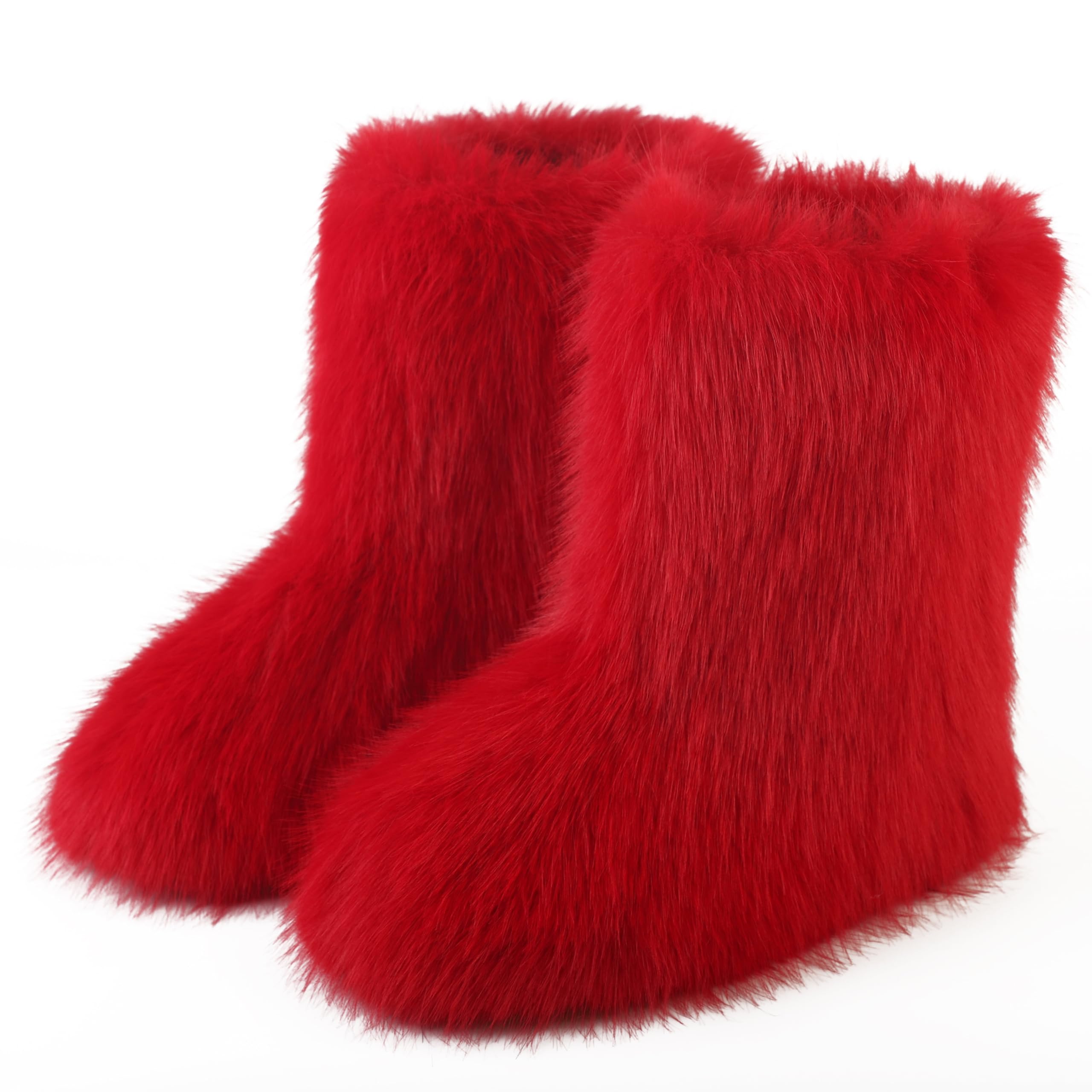 Womens Faux Fur Boot Round Toe Suede Winter Fuzzy Shoes Warm Snow Comfy Plush Short Flat Mid-Calf and