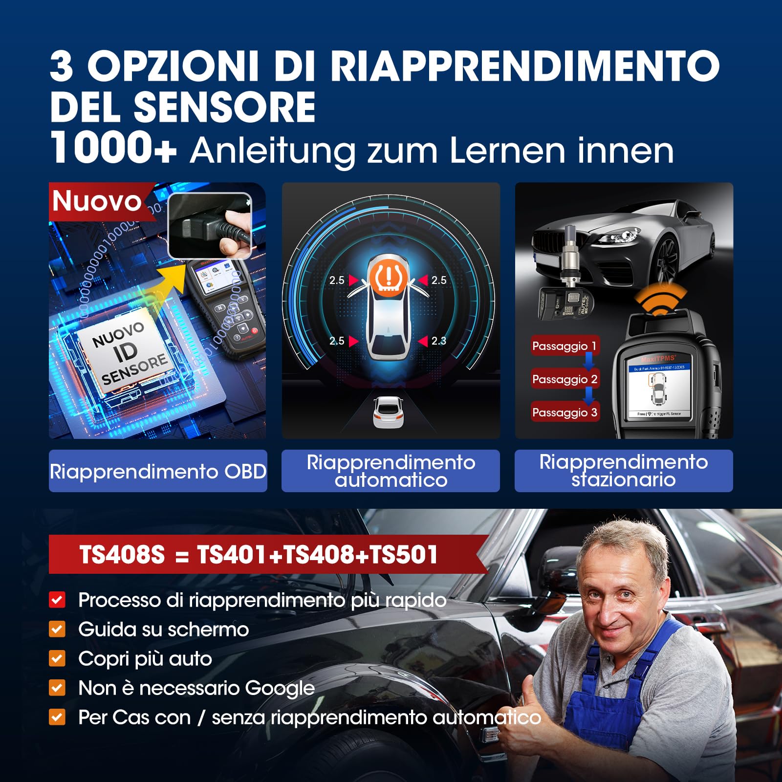 Autel MaxiTPMS TS408S Scanner di Programmazione OBD, Strumento di Apprendimento TPMS, Ritiro 99% OEM, Attivazione Sensore, Reset TPMS, Strumento di Programmazione TPMS，Aggiornamenti Gratuiti a Vita