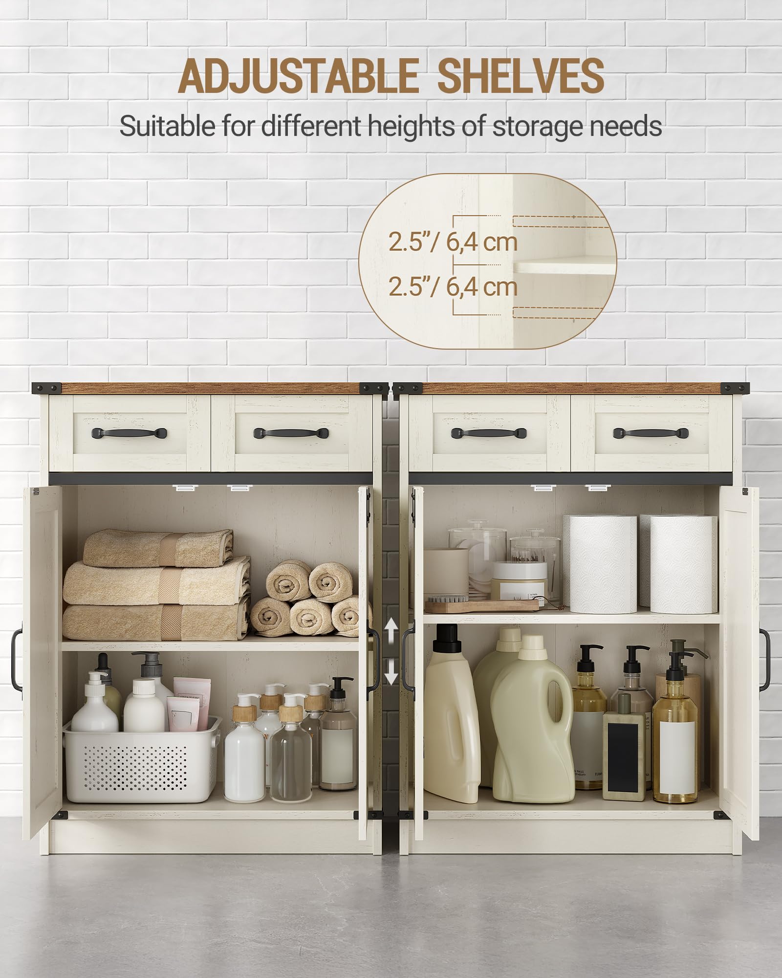 Hzuaneri Mobile da Bagno, Mobiletto da Bagno con 2 Cassetti e 2 Ante, Mobiletto da Cucina, Ripiano Regolabile, 30 x 60 x 80 cm, Bianco Rustico e Noce Medio SC62414X
