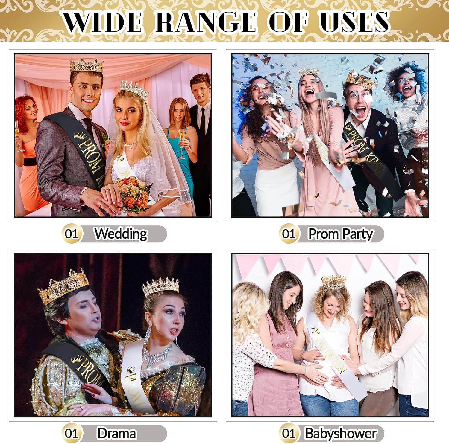 Juexica 4 Pieces Prom King and Queen Crowns Set with Sashes Valentine's Day Carnival Birthday Wedding Costume Accessories Gold King Crown for Men Women Prom(M,AB Diamond)