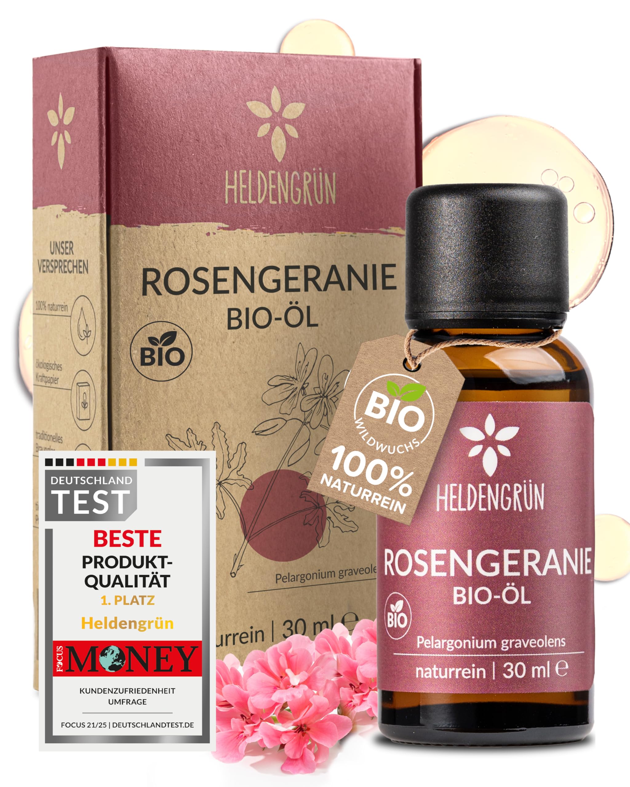 Heldengrün® BIO Rosengeranienöl [100% NATURREIN] - Echter Rosenduft - Blumig & elegant - Geranienöl Bio - Ätherisches Öl - Rosenöl Geranium