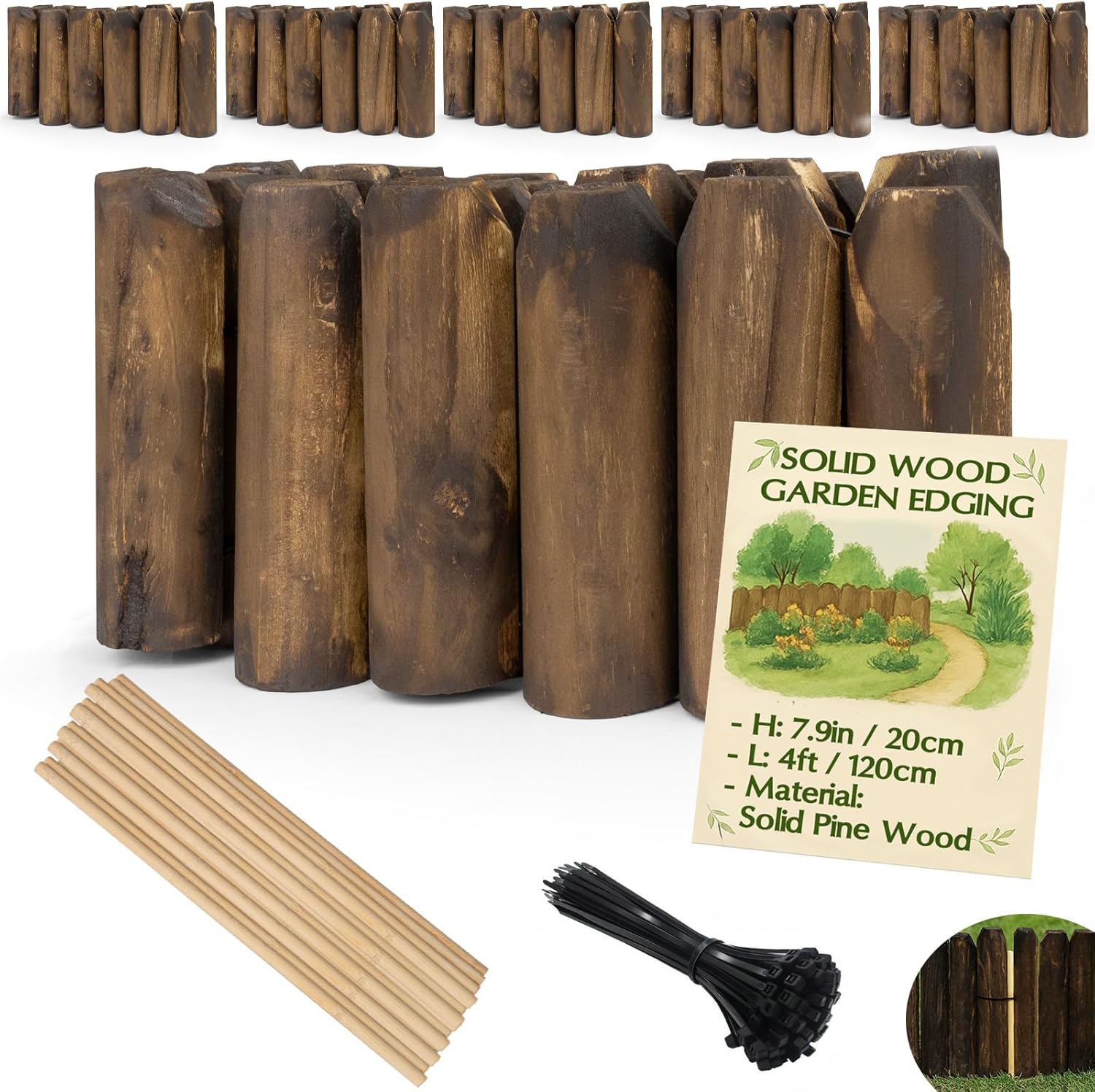 Wood Garden Edging for Landscaping – Half-Round Border Fence for Flower Beds， Pathways & Patio， Natural Decorative Wooden Panels for Garden Landscaping， 7.8in H x 4.0 ft L (6 Pack)