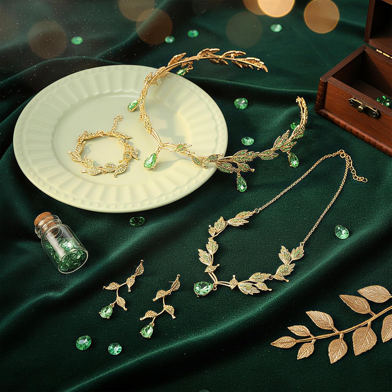 Sasylvia Wedding Jewelry Set for Women, Rhinestone Leaf Tiara Headband Crown Necklace Earrings Bracelet for Women - Image 7