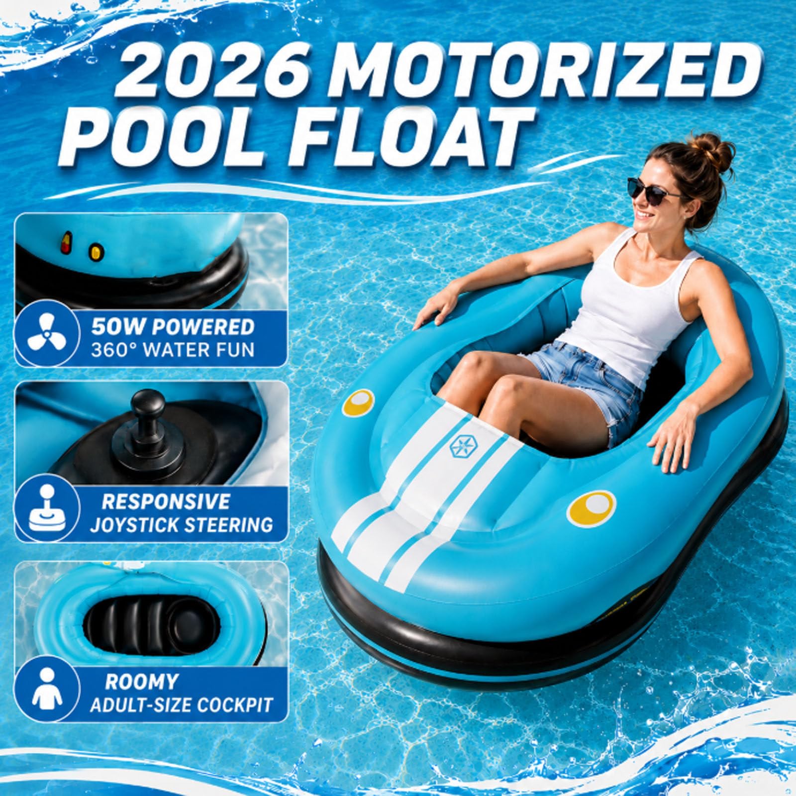 Motorbetriebener Pool-Schwimmring (50 W), Aufblasbares Motorisiertes Stoßboot Mit 360°-Lenkung, Elektrischer Aufblasbarer Wasserball, Wasserspielzeug Für Erwachsene Mit Kabelloser Pumpe