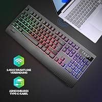 Rii RK204 Vezeték Nélküli Gamer Billentyűzet RGB Háttérvilágítással - QWERTZ Kiosztás, 1800 mA Akkumulátor, 9m Hatótáv, PC/Laptop/Smart TV K 5