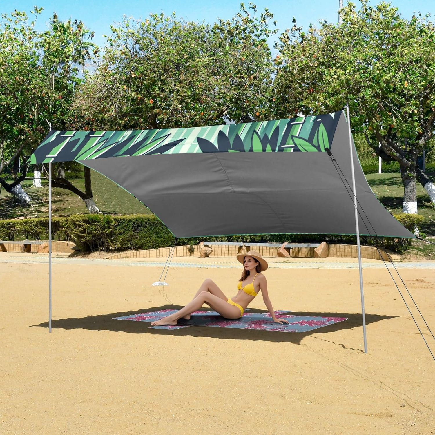 ALAZA Panda Bamboos Beach Tent Sun Shelter UPF50+ Protection Beach Shade Canopy w/ 4 Sandbags for Outdoor Camping, Fishing, Backyard Fun, Picnic, 10x9 ft