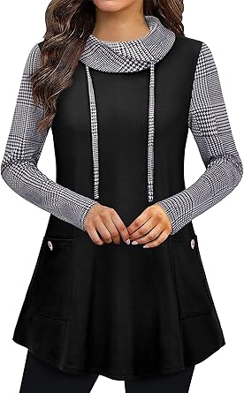 Bulotus Fall Sweaters for Women 2025 Cowl Neck Asymmetrical Long Tunics for Leggings Vacation Travel Tops with Pockets