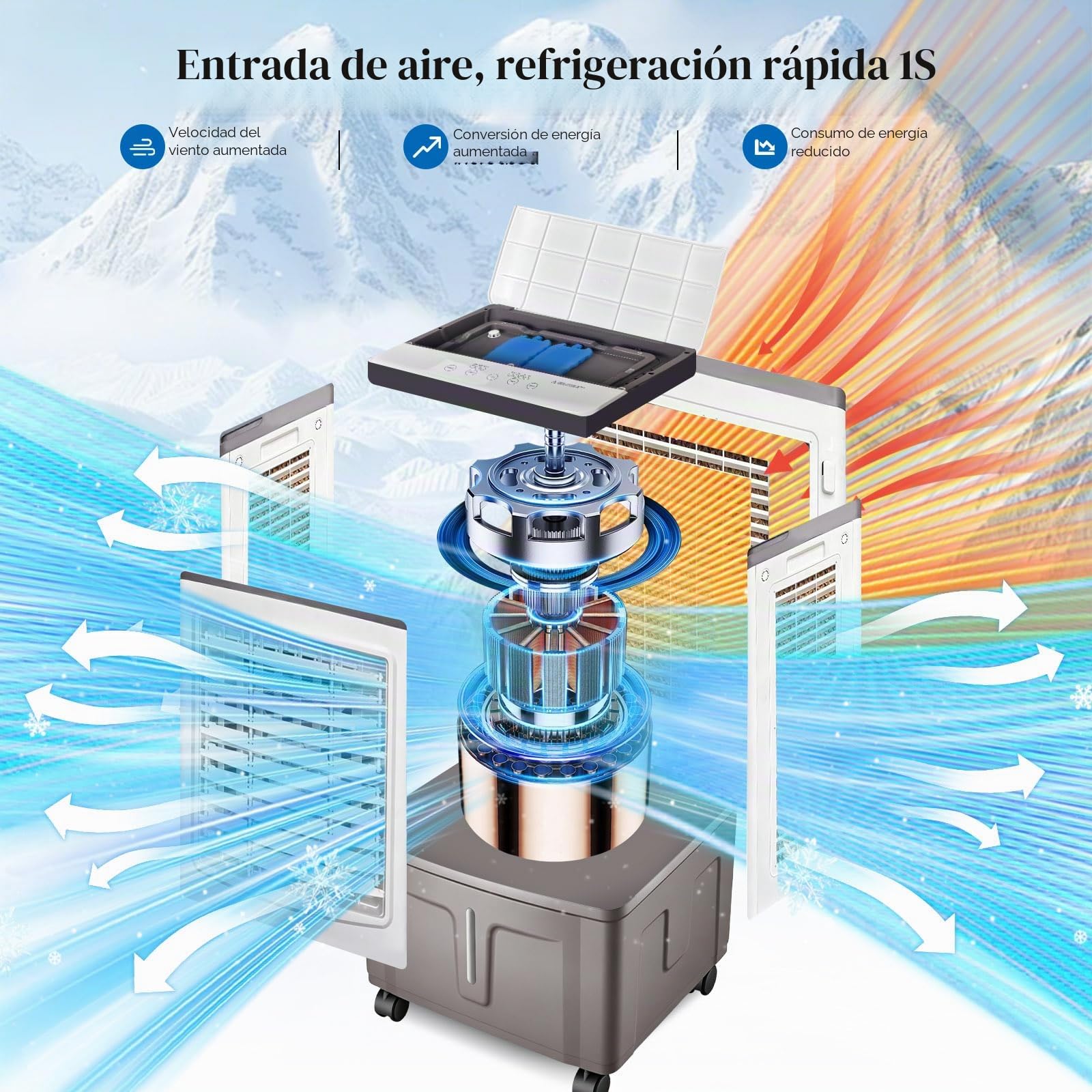 Climatizador Evaporativo 30L, Ventilador de Agua con Mando a Distancia y Acumuladores de Hielo, Potente Flujo de Aire, Enfriador Evaporativo Portátil para Grandes Espacios, Salón y Garaje