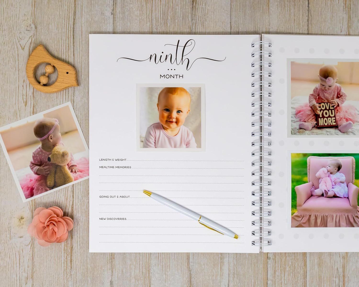Personalized Baby Memory Book - Hardcover First Year Album Customized with Baby’s Name - Prompted Baby Journal (Pink Floral Bunnies)
