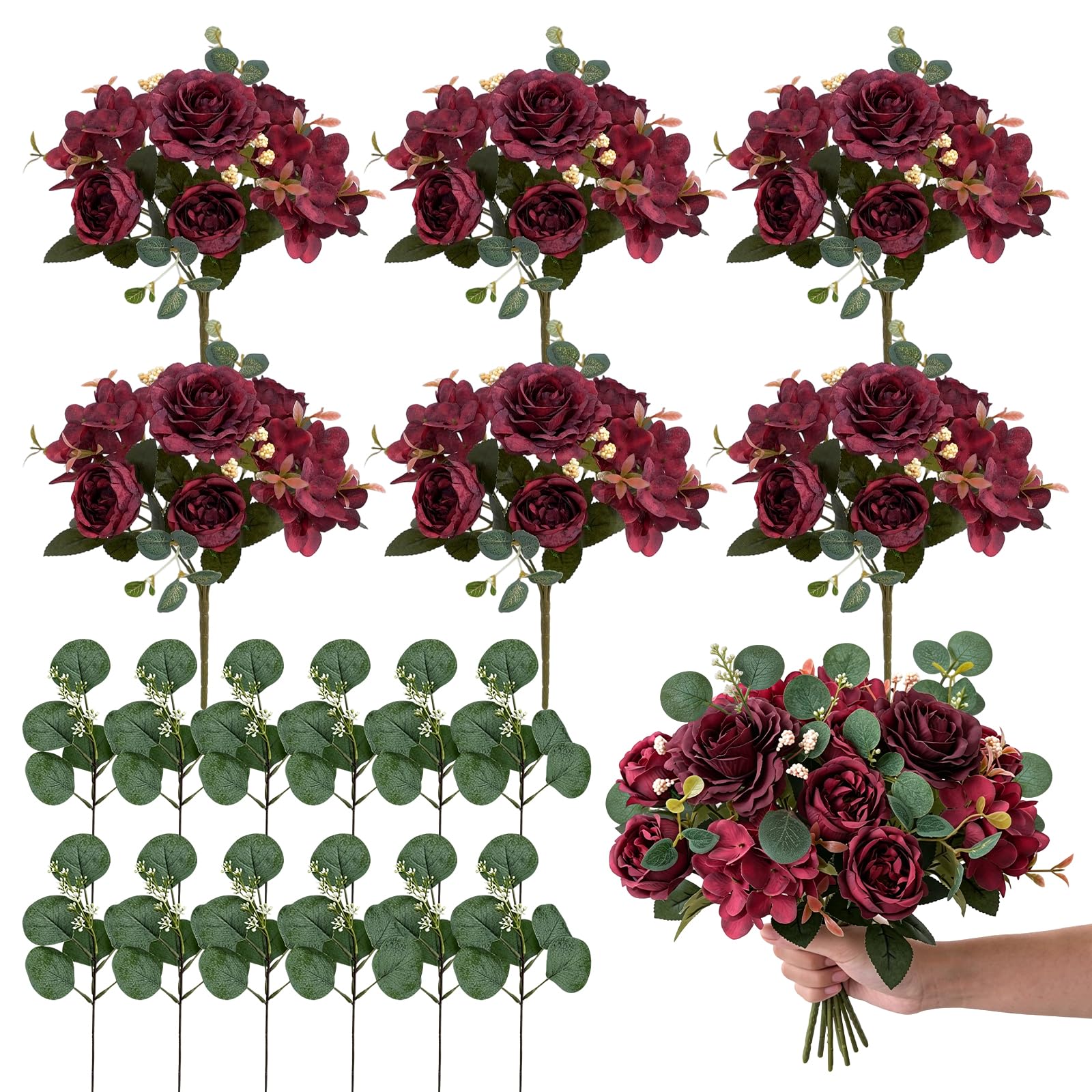 DVDVBOOM 6 Bunches Peony Artificial Flowers, Faux Peonies Hydrangea Eucalyptus Bouquet, Silk Vintage Realistic Peony Floral Arrangement for Wedding Centerpiece Table Vase Home Party (Burgundy)