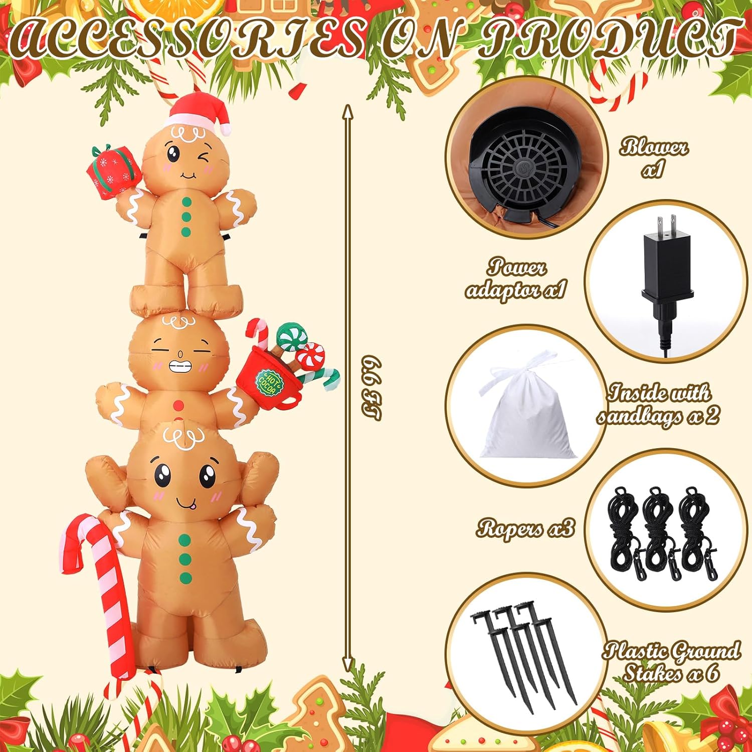 Bencailor 6.56ft Christmas Gingerbread Man Inflatable Outdoor Decorations Gingerbread Signs Blow up Gifts Candy Canes Santa's Hat Built-in LED Lights for Winter Yard Garden Lawn Decor Party Favor