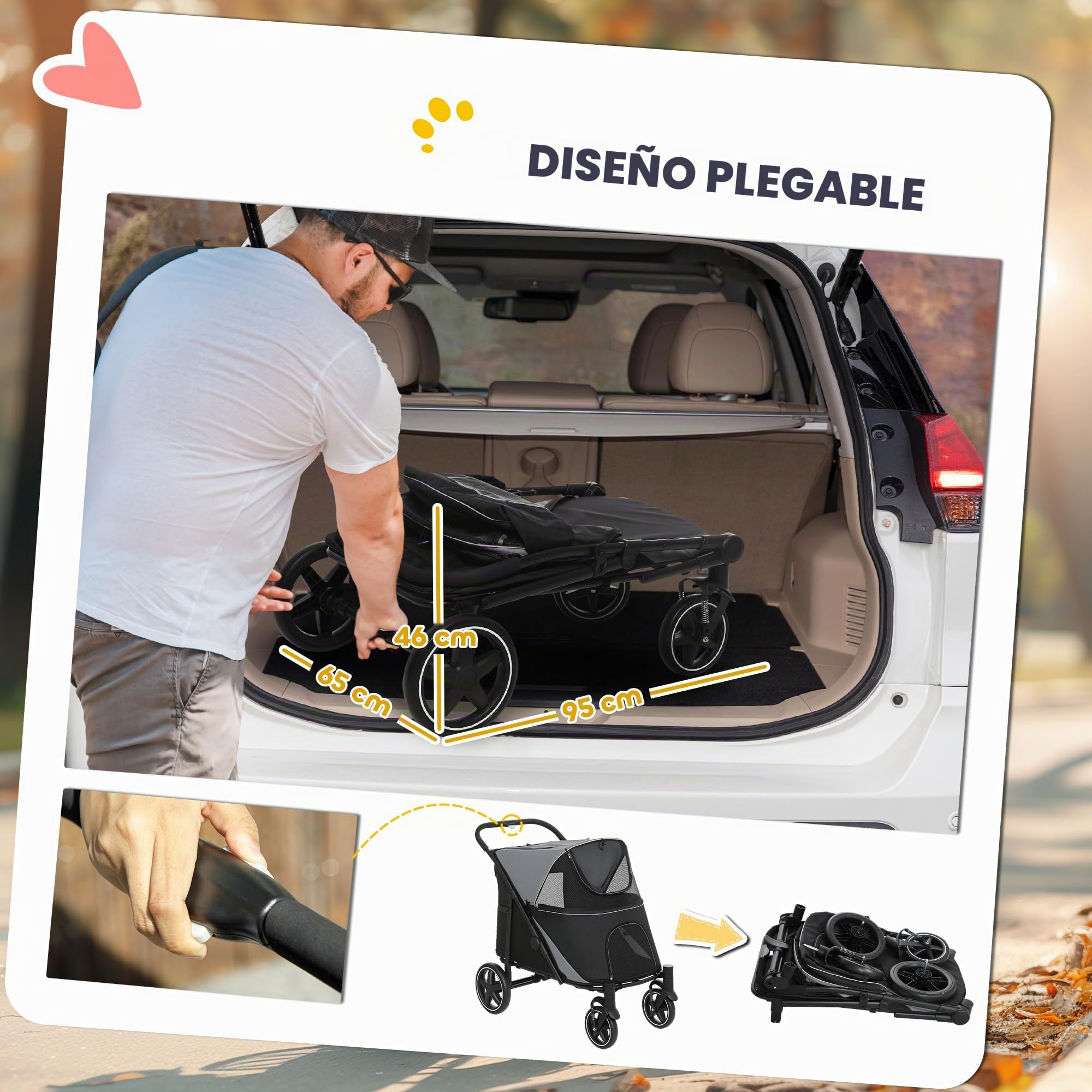 Carro para perros PawHut, carro para perros con cojín, carro plegable para perros, carro para perros grandes y medianos, carro para perros con ventana de malla, correas de seguridad, bolsa, tejido