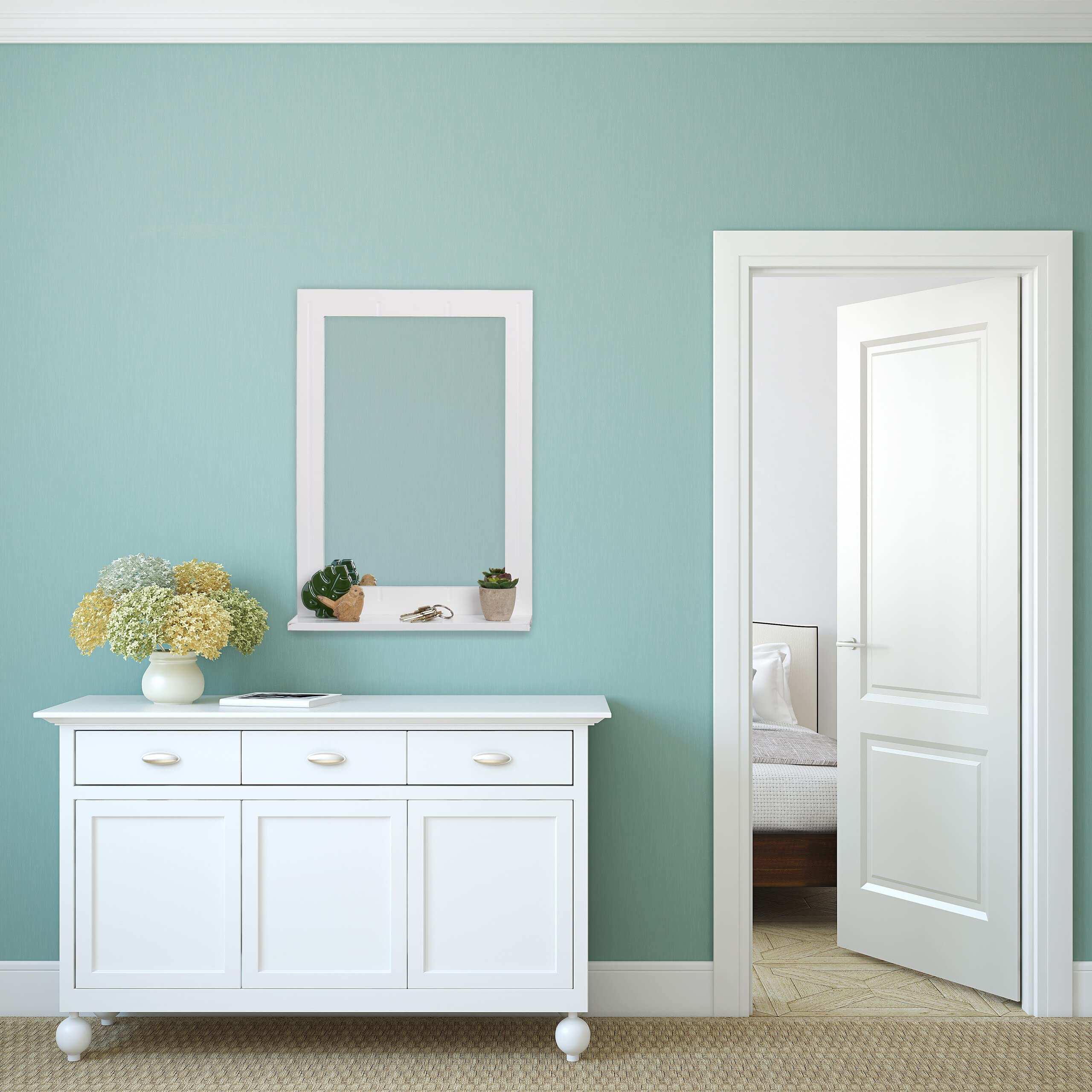 Relaxdays Espejo de Baño con Balda Hecho de MDF, Montaje en la Pared, Enmarcado, Rectangular, 55 x 40 x 12 cm, Blanco