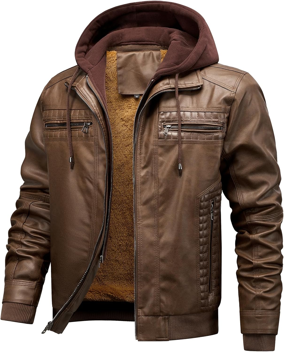 INVACHI Men's Leather Jacket Motorcycle Bomber Jacket Windproof PU Vintage Jacket with Removable Hood - Image 2