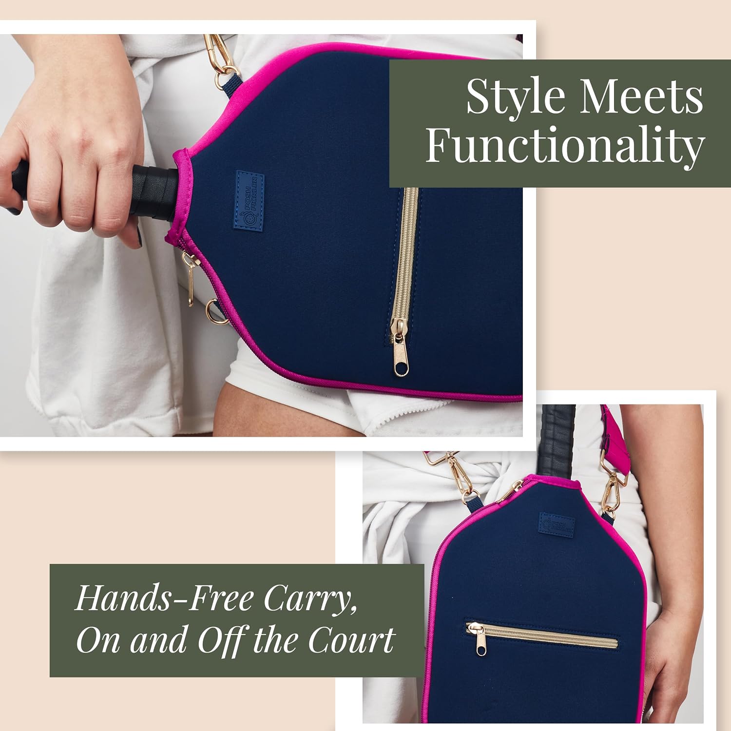 Posh Pickler Crossbody Neoprene Pickleball Bag - Paddle Cover with Adjustable Strap, Built-in Pocket for Essentials, Carabiner Fence Clip, Add-On Ready D-Rings, and Durable Design for Everyday Use image 5