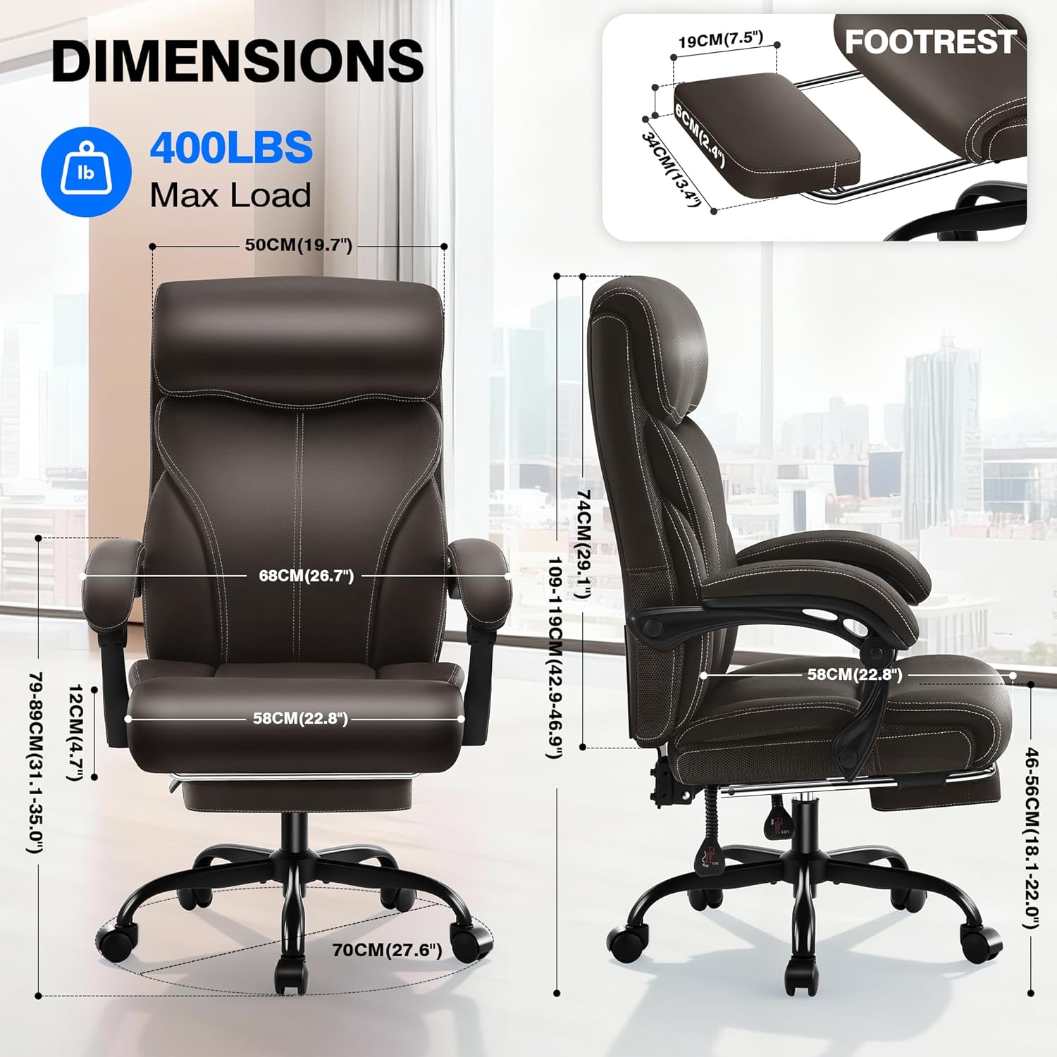 areshark office chair - ergonomic comfortable high back computer desk chair with foot rest - executive breathable swivel rolling reclining leather chair with lumbar support for home gaming relaxing 90-135 ° reclining chair dark brown