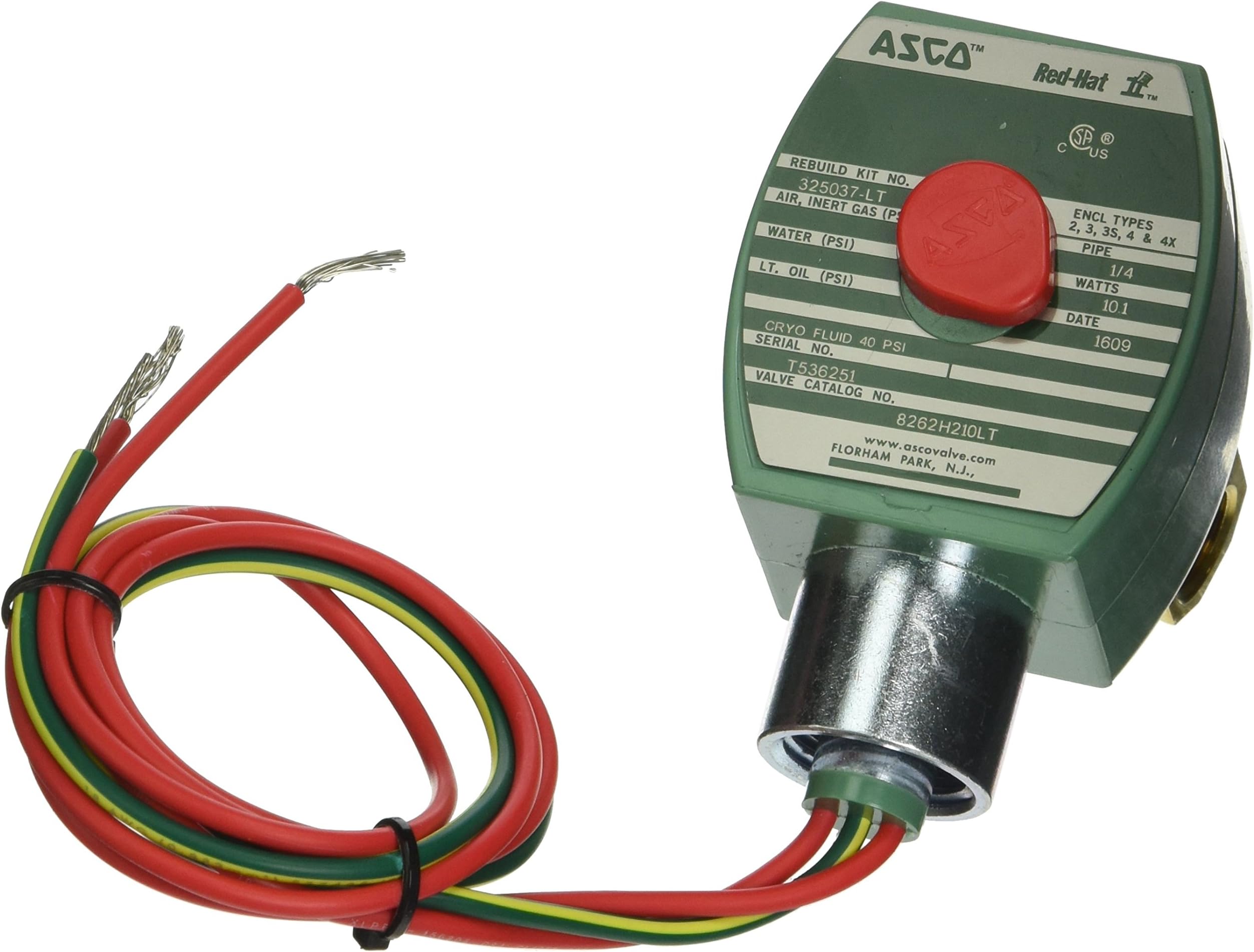 ASCO 8262H210LT-120/60,110/50 Brass Body Direct Acting/Pilot Operated Cryogenic Valve, 1/4" Pipe Size, 2-Way Normally Closed, PTFE Sealing, 9/32" Orifice, 0.88 Cv Flow, 120V/60 Hz, 110V/50 Hz
