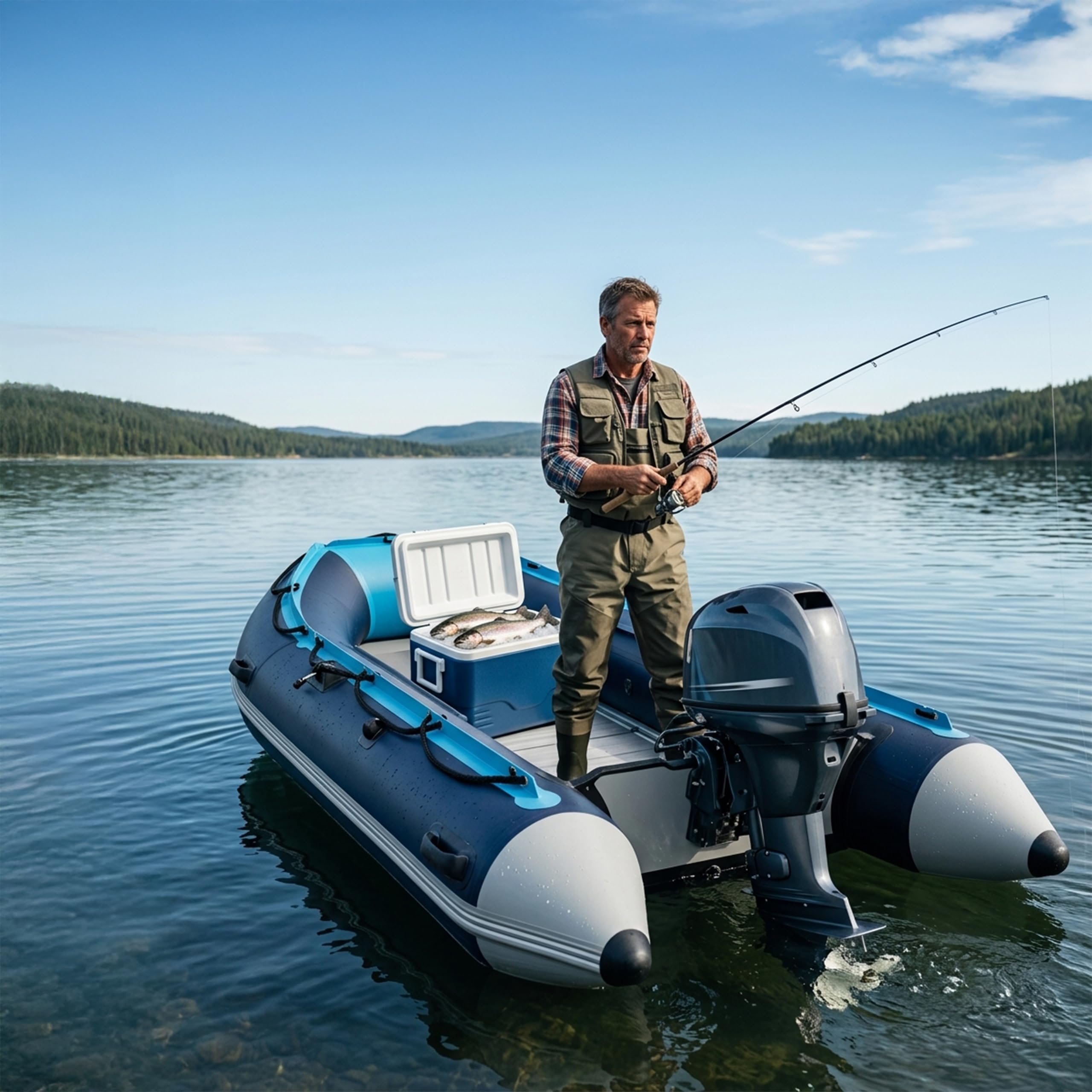 Relaxdays Set Bote Hinchable, 4 Personas, 3,20 m, remos, Bomba & Bolsa, Fondo de Aluminio, para Pesca, Azul y Blanco