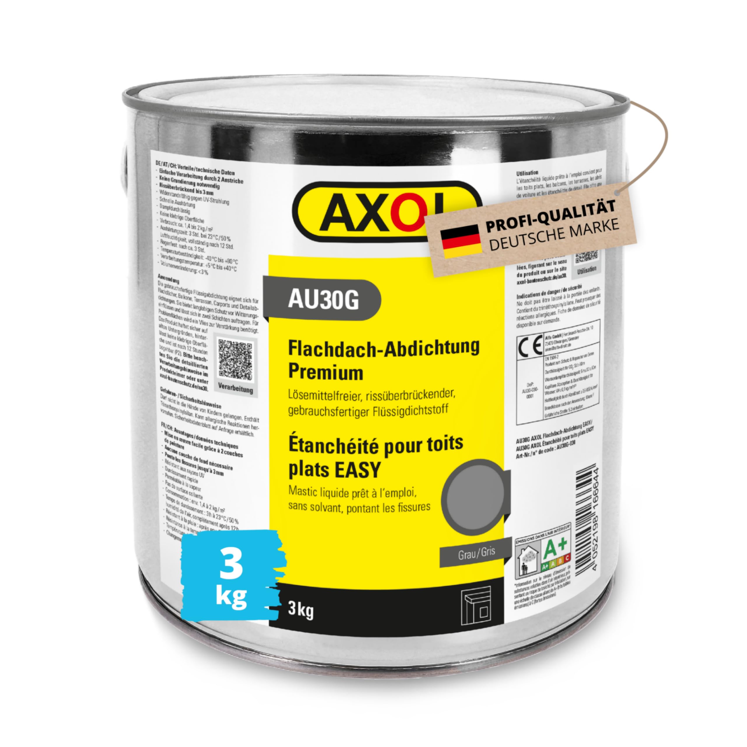 AXOL Flachdach-Abdichtung EASY 3 kg Dose grau – Flüssigdichtstoff | Profi-Qualität - Abdichtung von Flachdächern, Terrassen, Balkonen und Carports - Einfache Verarbeitung - Rissüberbrückend