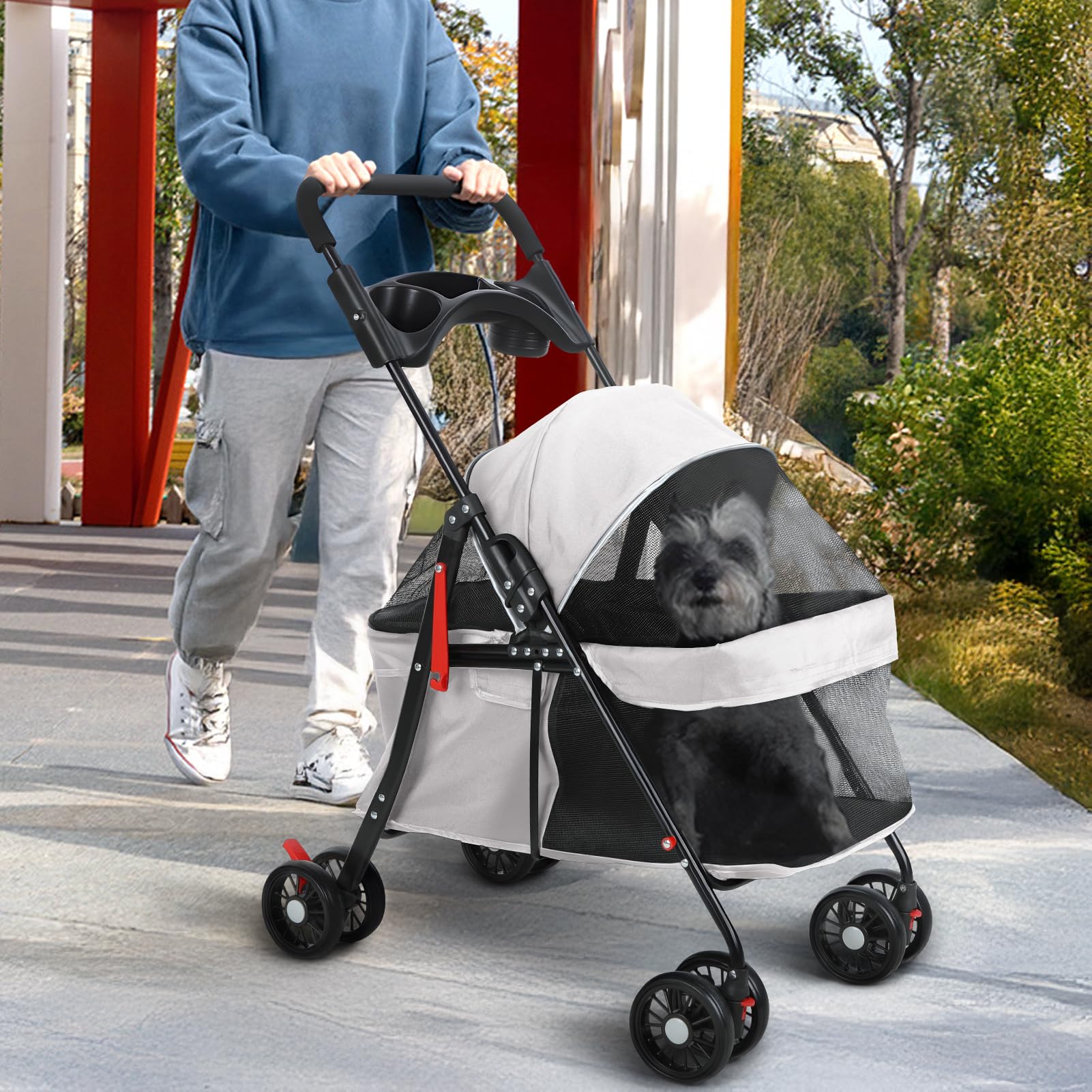 Dog Cat Stroller with 4 Wheels, Outdoor Travel Pet Folding Stroller, Dog Cat Cage Strollers with Cup Holder, Visible Window for Medium Small Dogs (Blue)