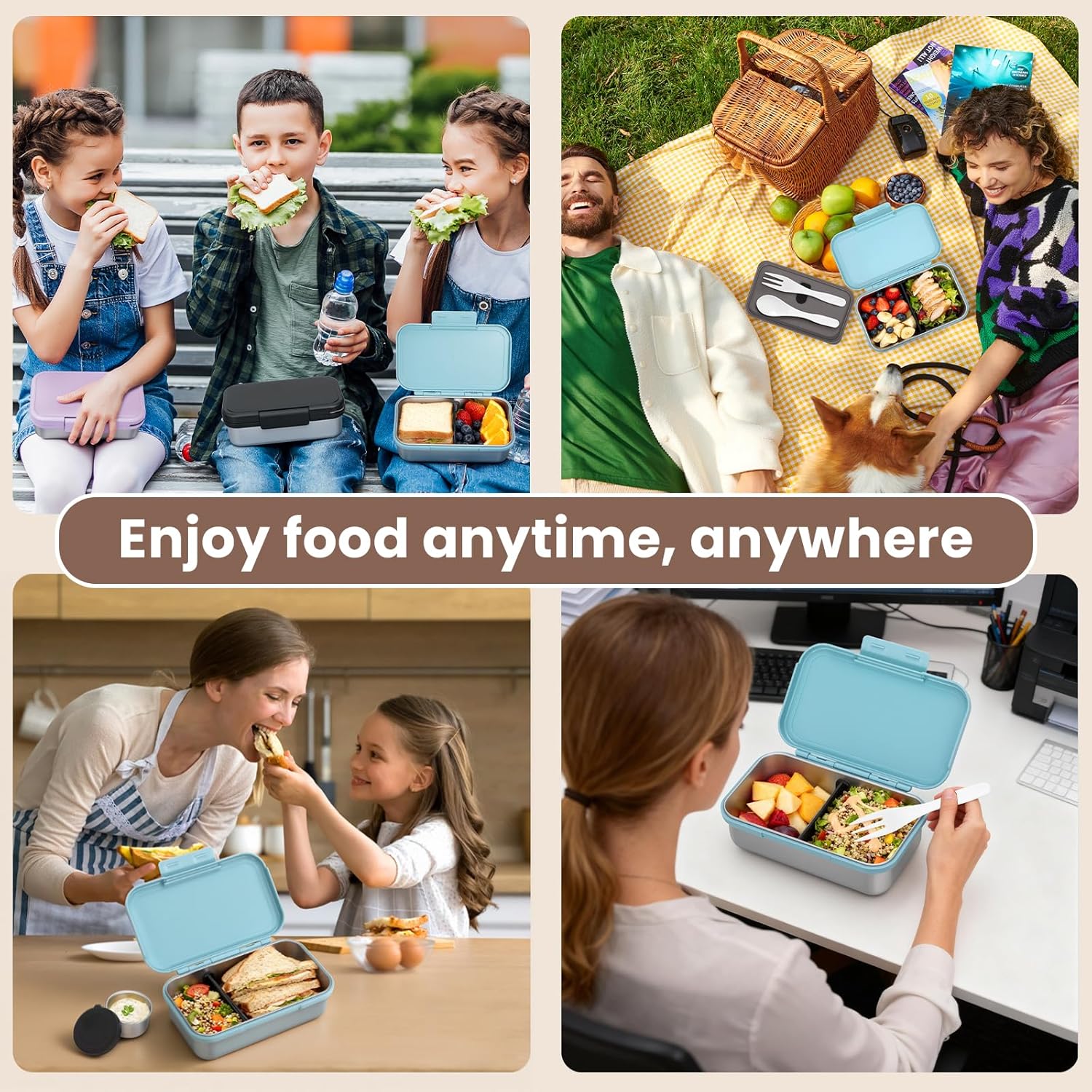 JSLOVE Stainless Steel Lunch Bento Box for Adult, 30oz Leak-Proof Lunch Container, Stainless Metal Kid Bento Box with Adjustable Divider, Sauce Container, Microwave, Dishwasher & Freezer Safe(Blue)