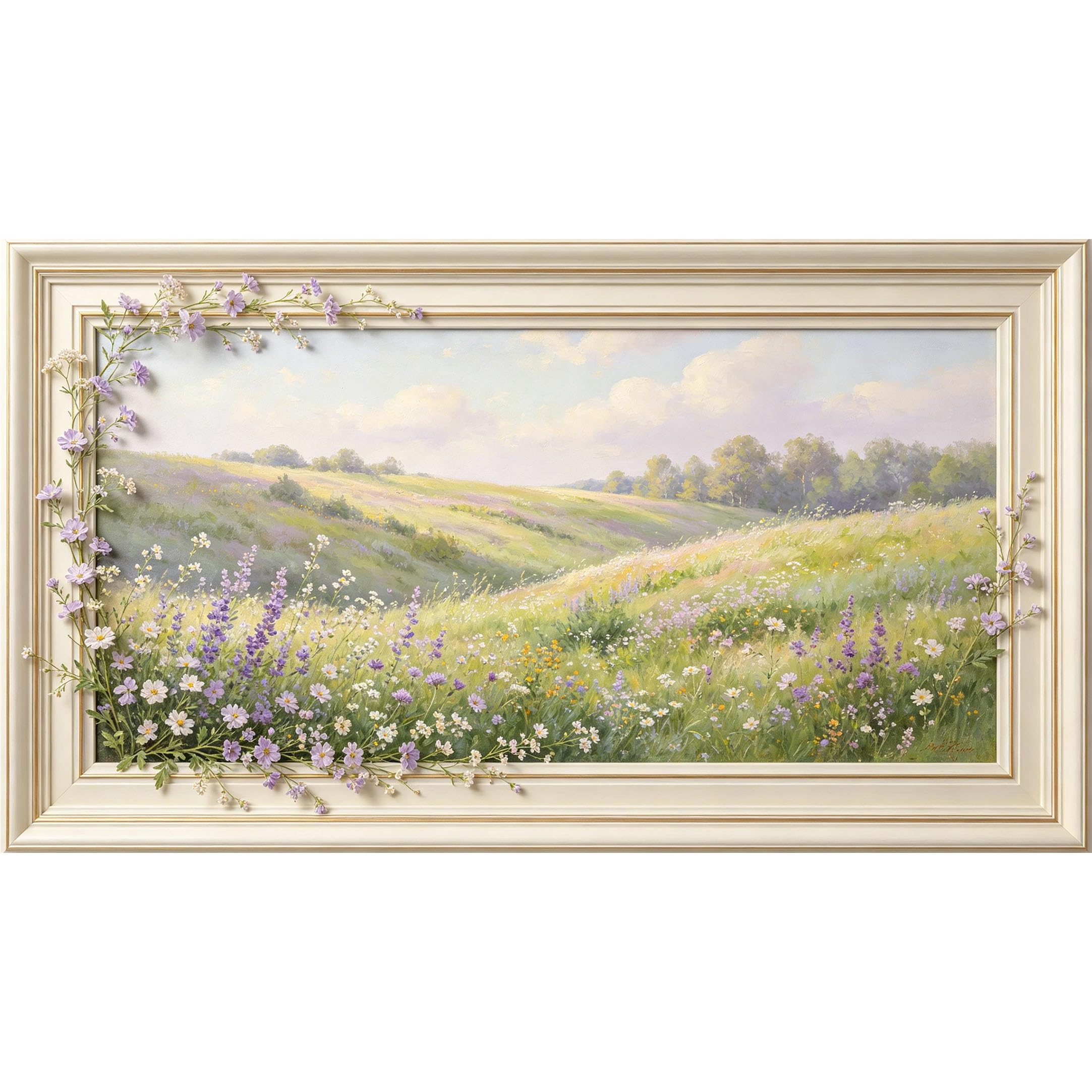QZLITHOTIC 50x90cm3D Framed Wall Art， Botanical Meadow Landscape Self‑Adhesive Mural， Water‑Activated Peel & Stick Fabric Decor Wall Decal for Bedroom Living Room