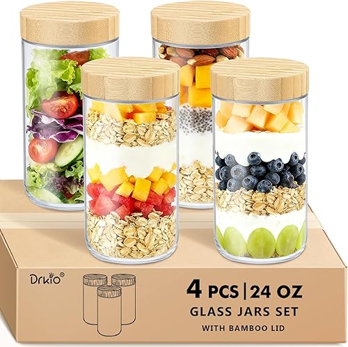 Miniatura 8 de DRKIO Recipientes para Avena Nocturna de 10 Oz con Tapas de Bambú - Paquete de 4 Frascos de Almacenamiento de Vidrio con Tapas Herméticas de Boca 10