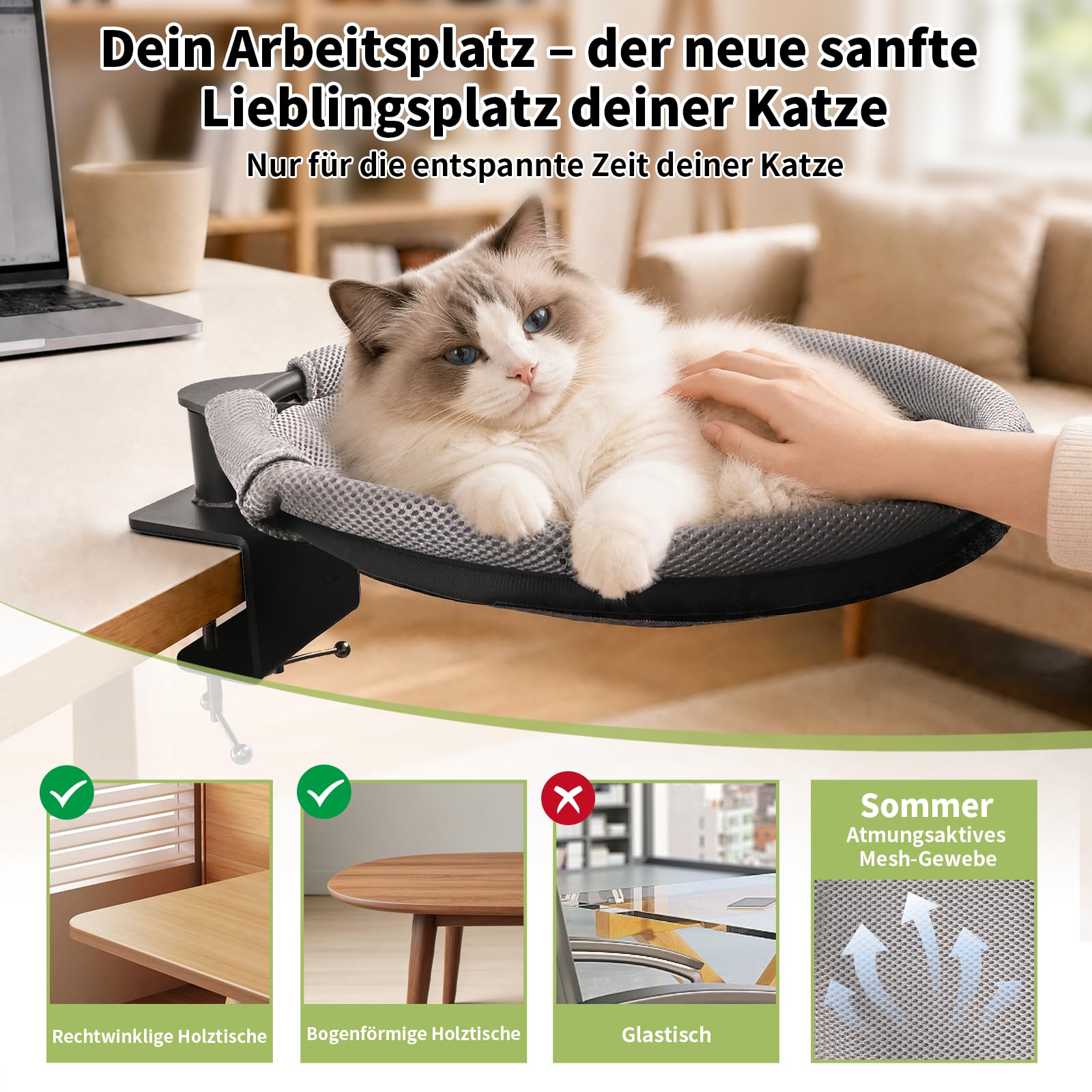 Katzenbett für Schreibtisch Katzenkorb 360° Drehbar, Katzen Schreibtisch Bett bis zu 20KG, Doppelte Befestigung Katzenhängematte, Katzen Liegeplatz mit 2 Abnehmbar Bezügen für Home, Office