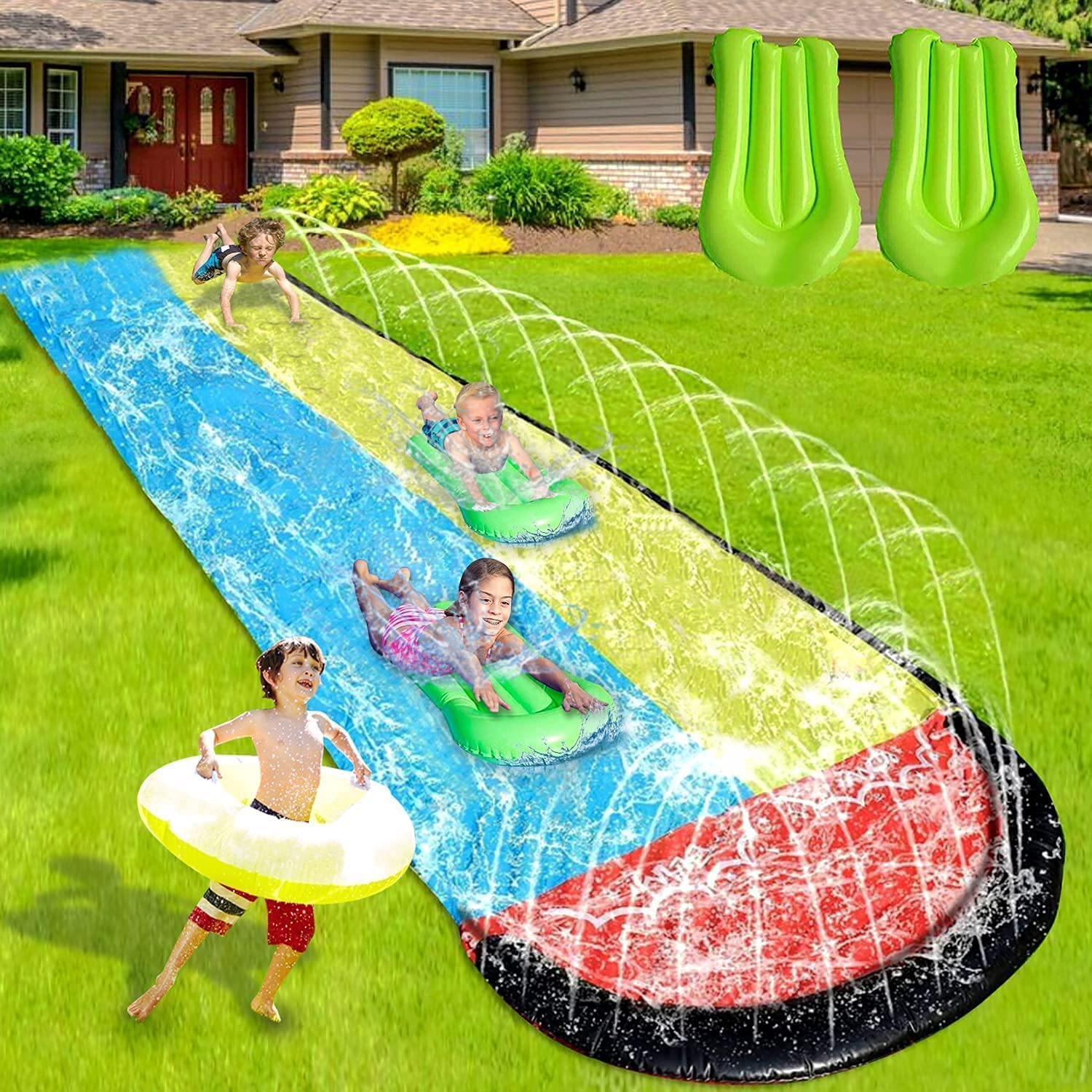 ZQBDFC Lawn Water Slides for Kids Adults, Lane Slip, Splash & Slide for Backyards, Water Slide Waterslide with 2 Boogie Boards, 15.7FT 2 Sliding Racing Lanes with Sprinklers, Durable PVC Construction