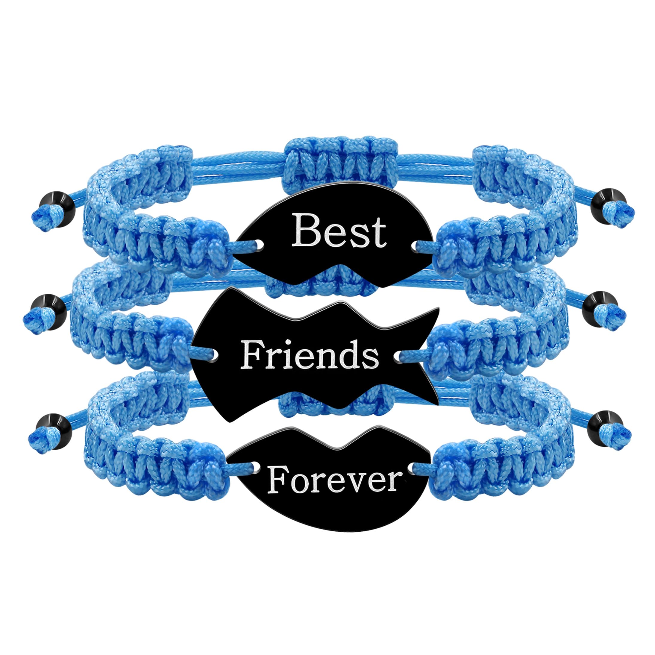 BFF Matching Bracelets Set of 3 - Braided Heart Puzzle Charm Friendship Jewelry for Best Friends, Couples | Engraved Long Distance Gift for Women &amp; Men