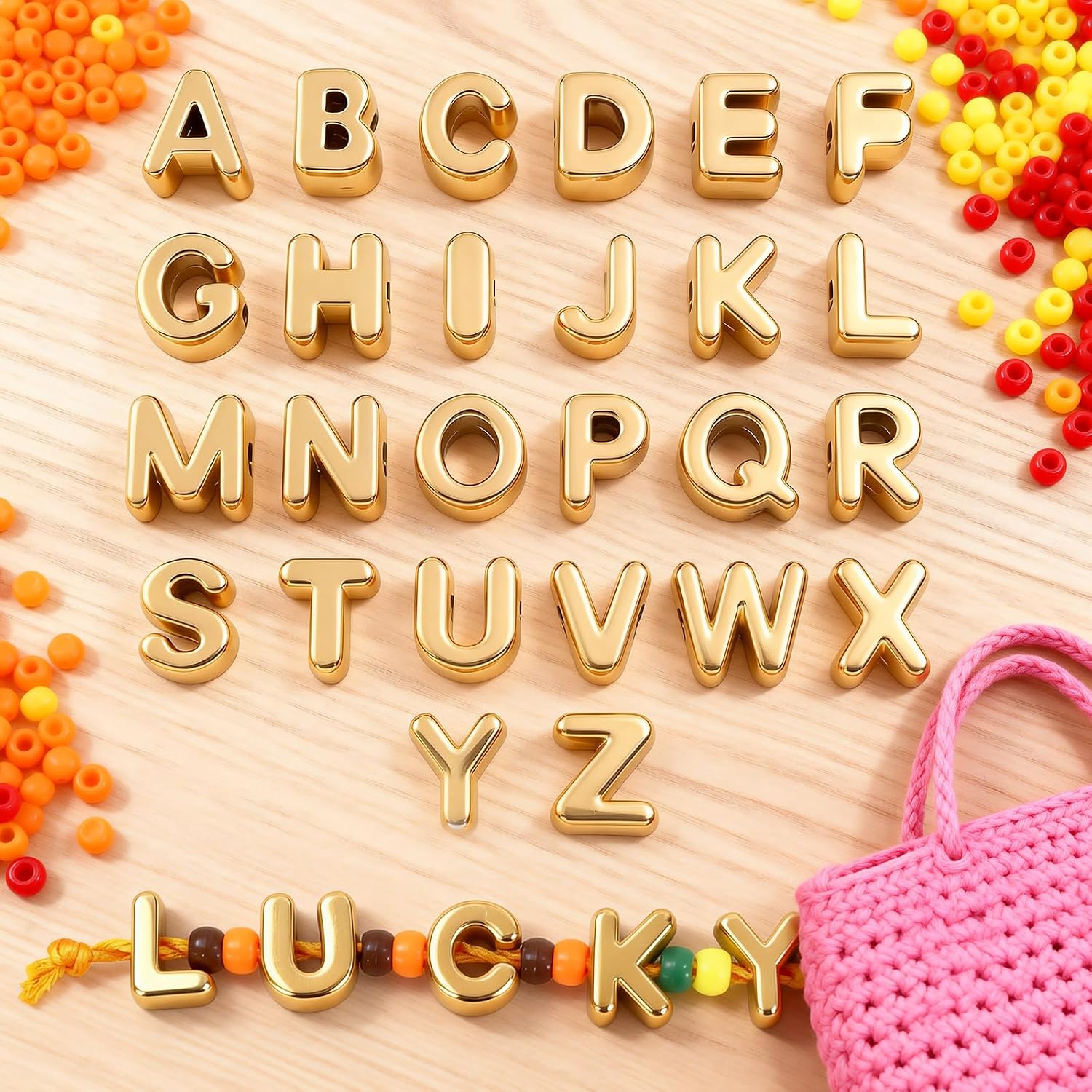 Gold Bubble Letter Beads 52Pcs Chunky Alphabet Beads for Bracelets