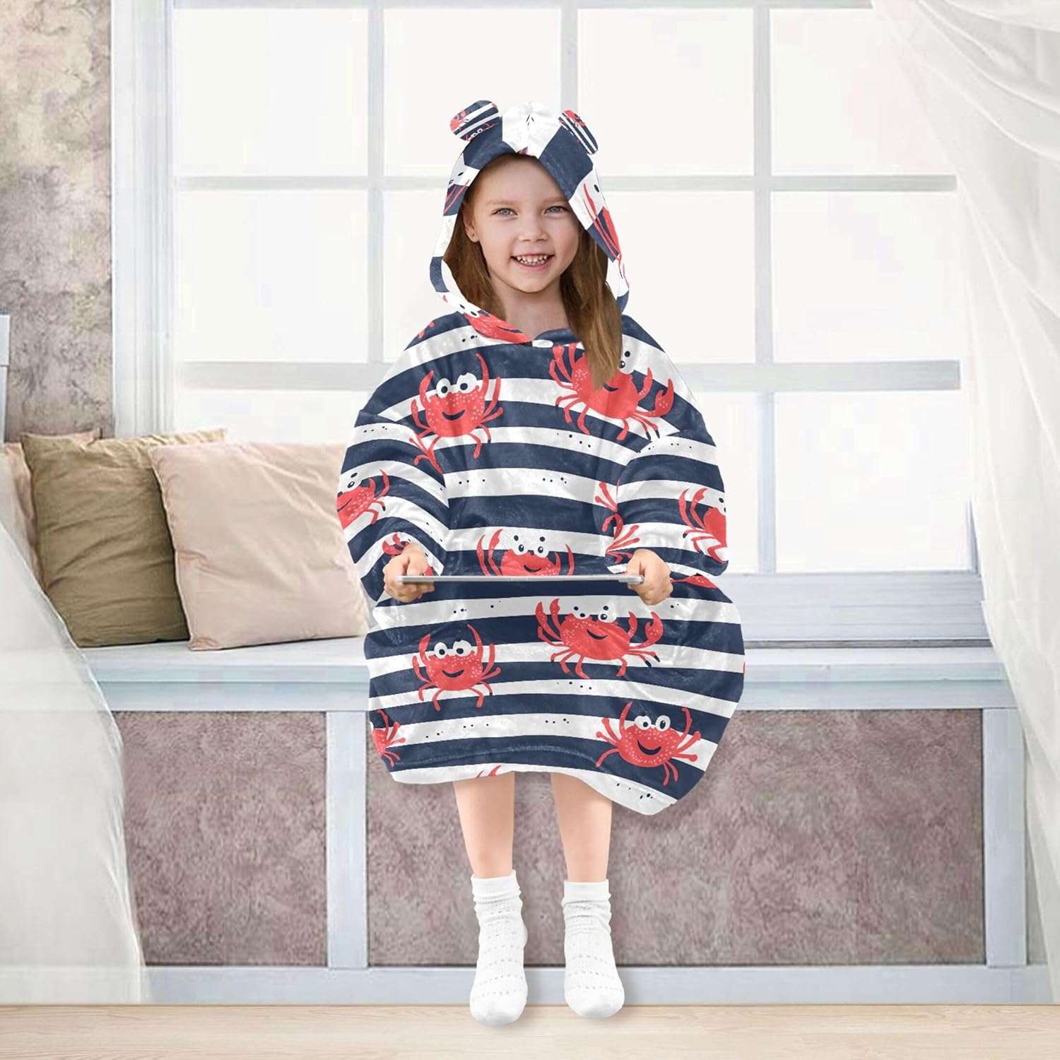 Cute Crab Stripe Kids Wearable Blanket Hoodie with Pocket and Sleeves for Toddlers, Cute Hoodies Girls Boys B0404074