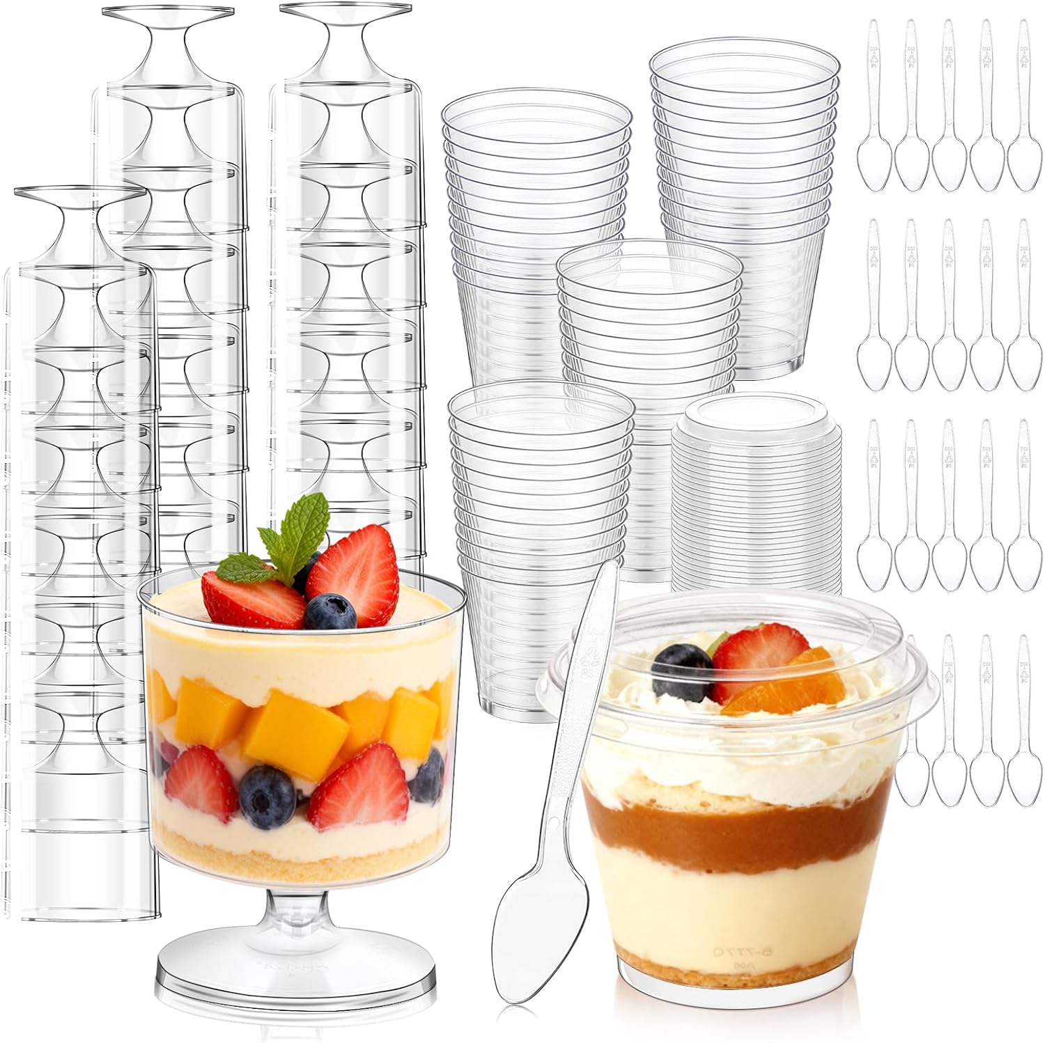 Mwellewm 300 Pcs Dessert Cups with Lids, 5 OZ Clear Parfait Cups with Spoons Small 6 OZ Plastic Desert Cups Mini Shooter Cups for Party Dessert Table Appetizer Serving Fruit Cup Ice Cream Cake Pudding