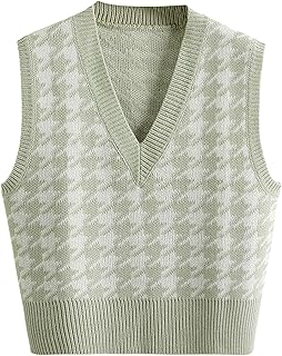 SweatyRocks Women's Sleeveless V Neck Knit Sweater Vest Houndstooth Crop Tank Top