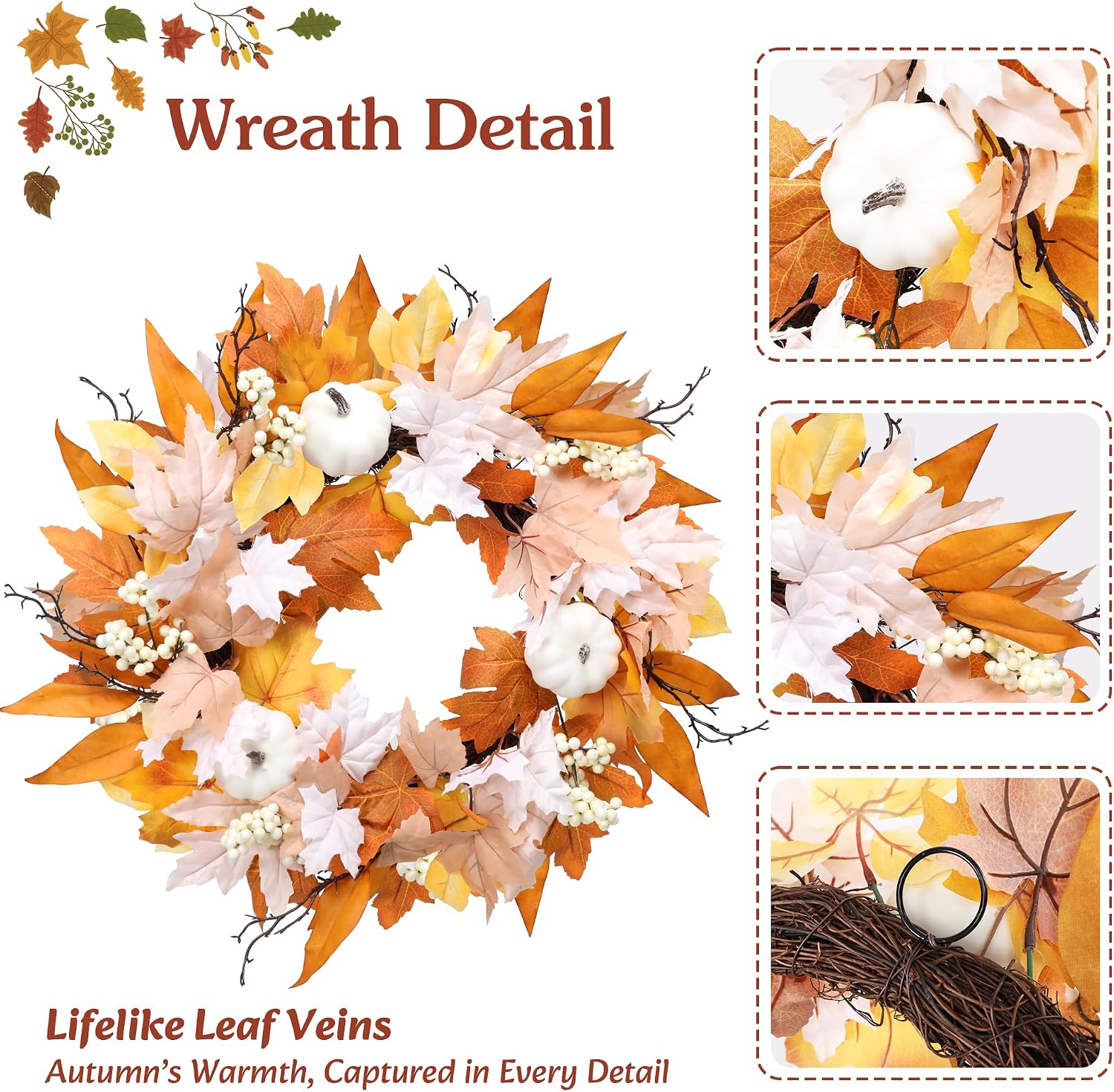 Fall Wreath Pumpkin for Front Door, 22" Autumn Harvest Wreath Decor