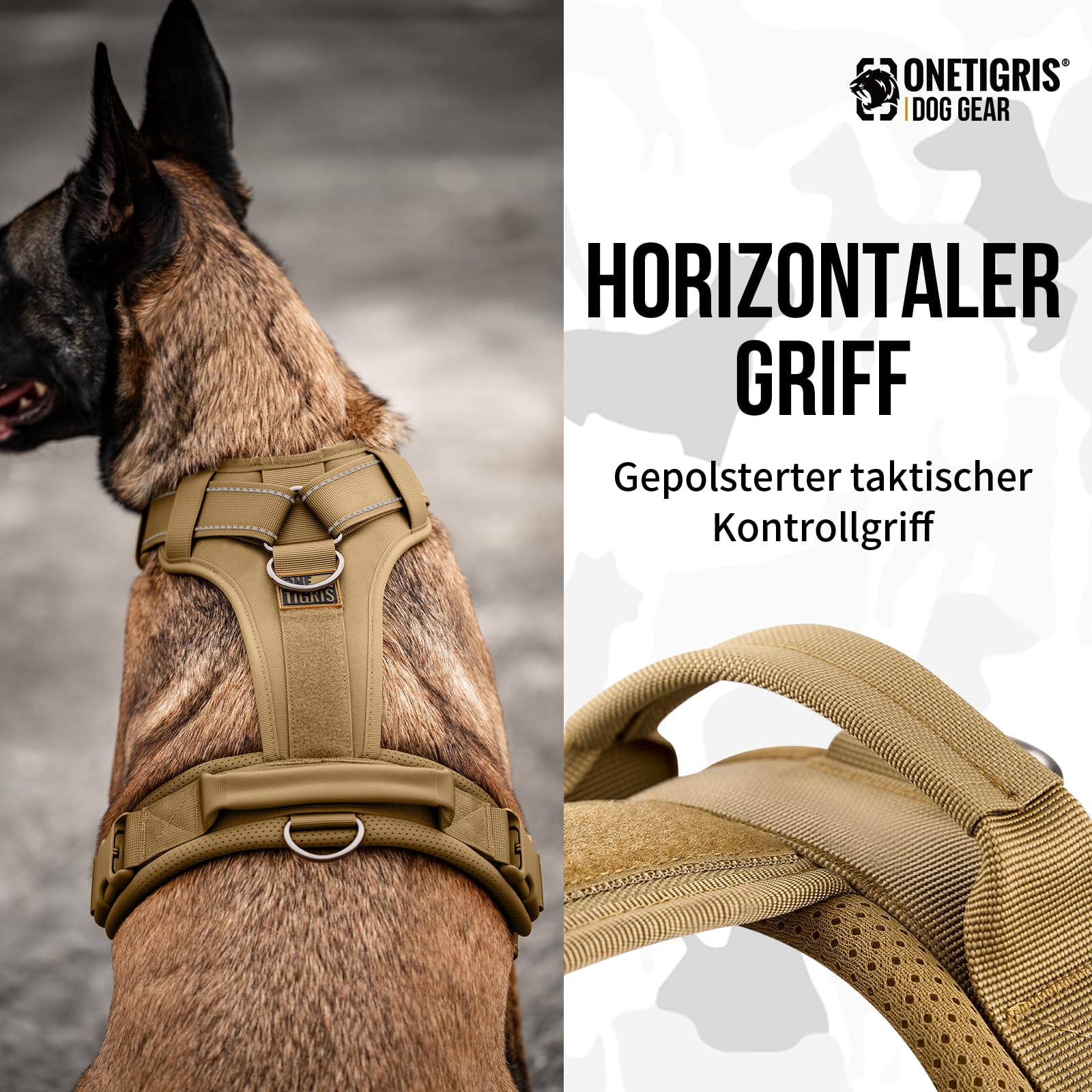 OneTigris Hundegeschirr, Diesel Einstellbar Taktisches Geschirr Weich Gepolstert Brustgeschirr für mittelgroße und große Hunde mit Reflektierend, 1 Griff, 3 D-Ringe (Braun, M)