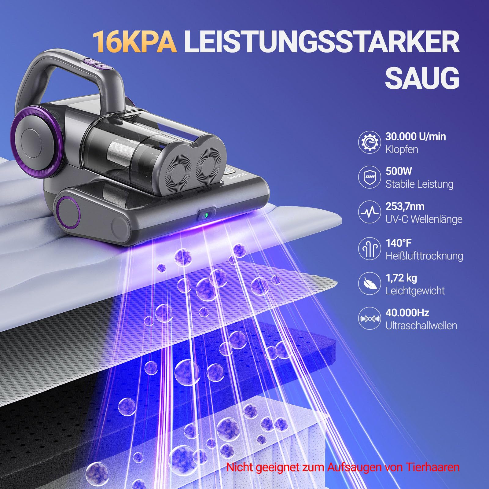 FEPPO Milbensauger für Matratzen, 16Kpa mit UV-C-Licht, HEPA-Filter, 500W, kabelgebunden