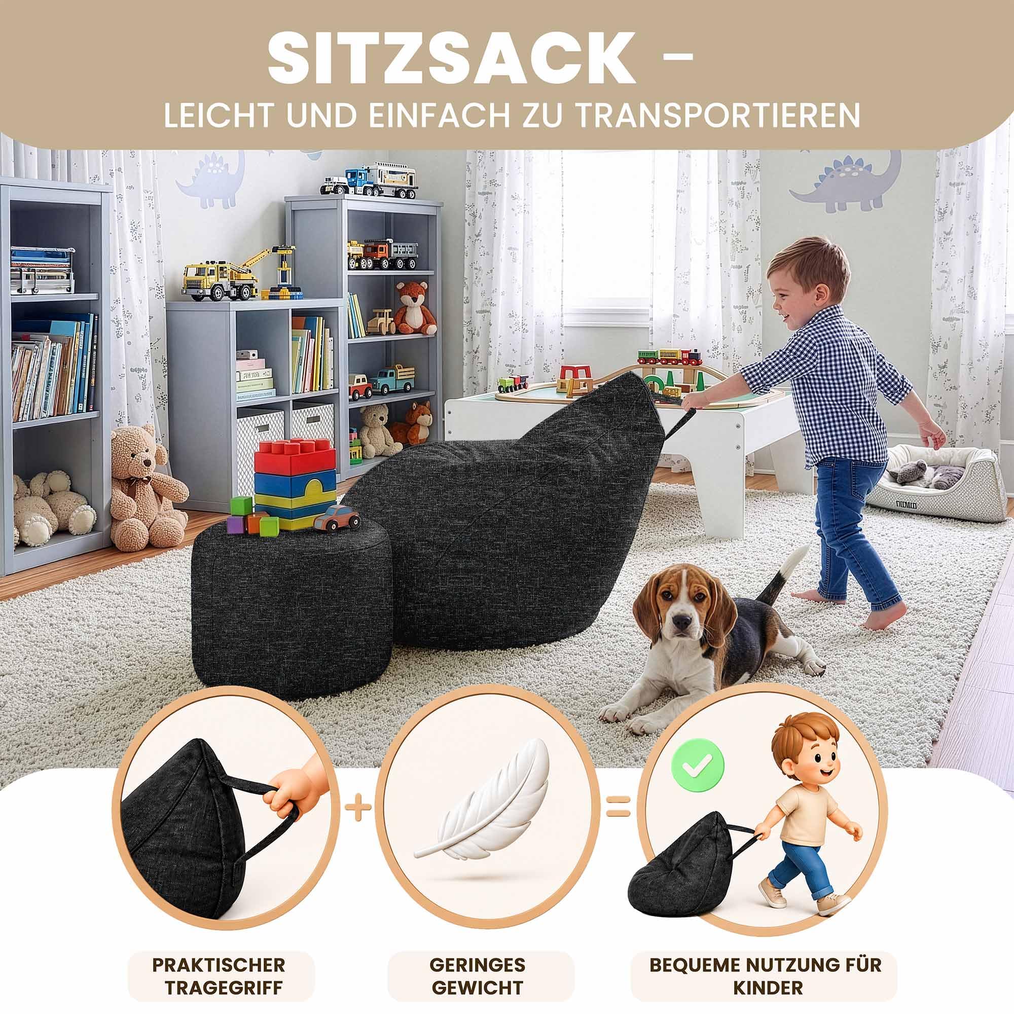 DreamRoots Sitzsack Outdoor Wetterfest - Bean Bag - Oxford 240 g/m² Leinenoptik - 8000 mm Wassersäule, UV-beständig - Mit Füllung & Hocker, rutschfest - Sitzsack für Kinder Schwarz