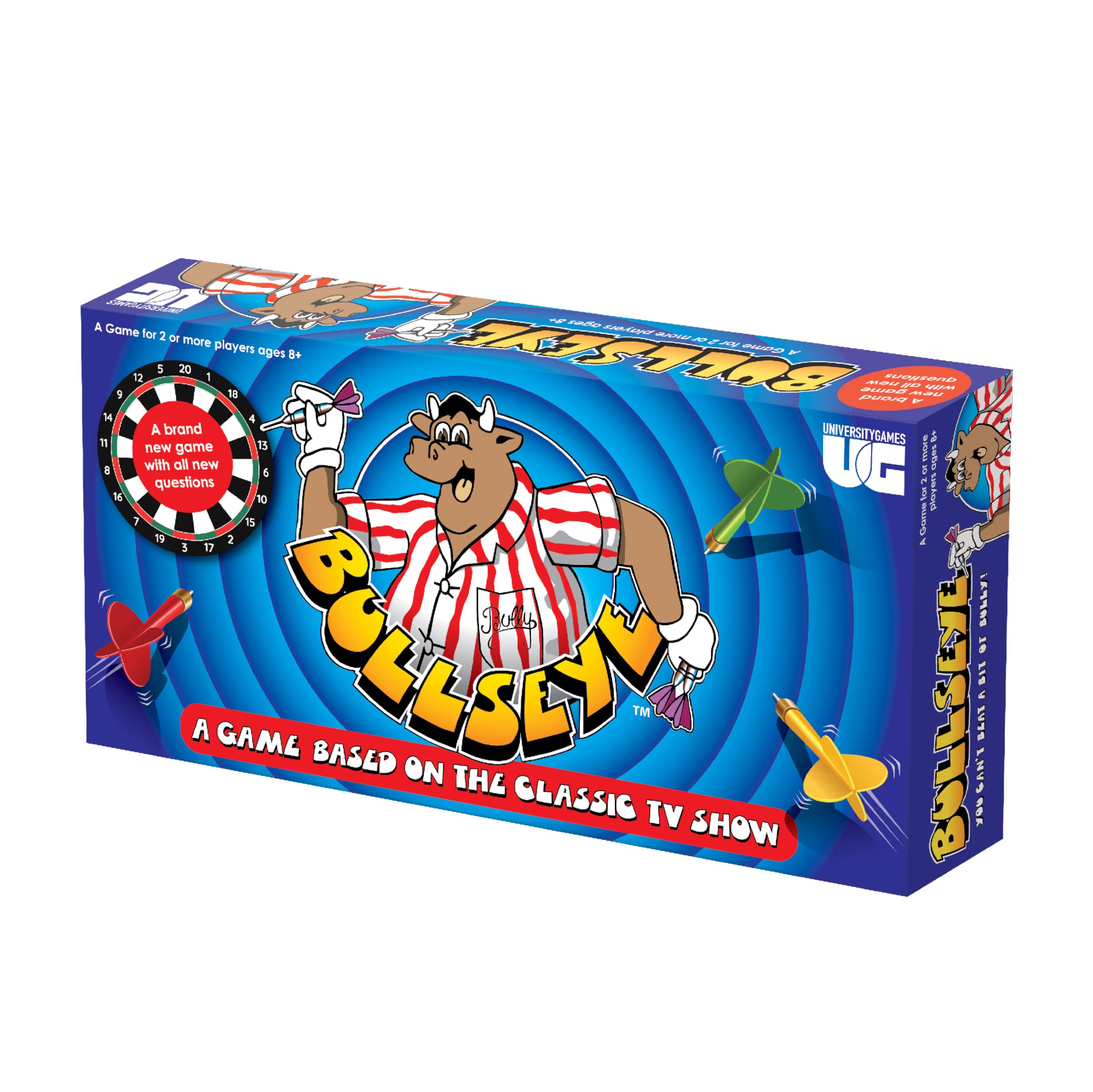 Bullseye Board Game, Classic TV Show Quiz with Magnetic Darts, Ages 14+, 2-8 Players, Blue