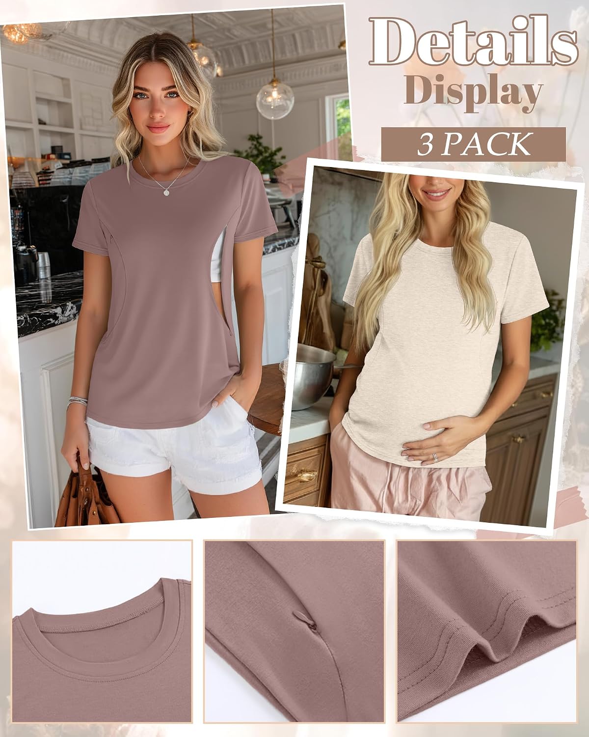 Oakgarden 4 Pack Women's Nursing Breastfeeding Shirts with Zipper Loose Fit Short Sleeve Maternity Top Nursing Clothes