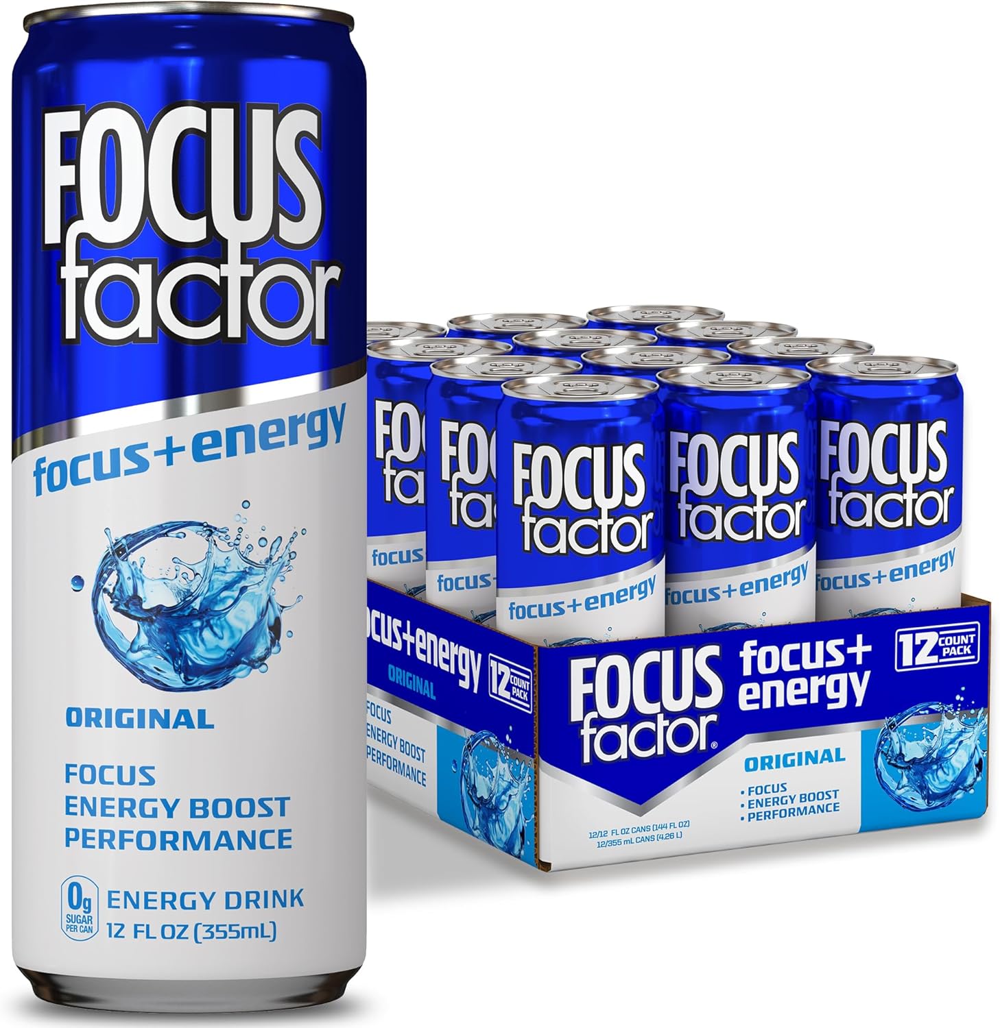 Focus Factor Energy Drink - 12 x 355ml Cans (Original Flavor) - with Focus + Energy - Lightly Carbonated, Sugar Free, Low Calorie with Vitamins B6 & B12